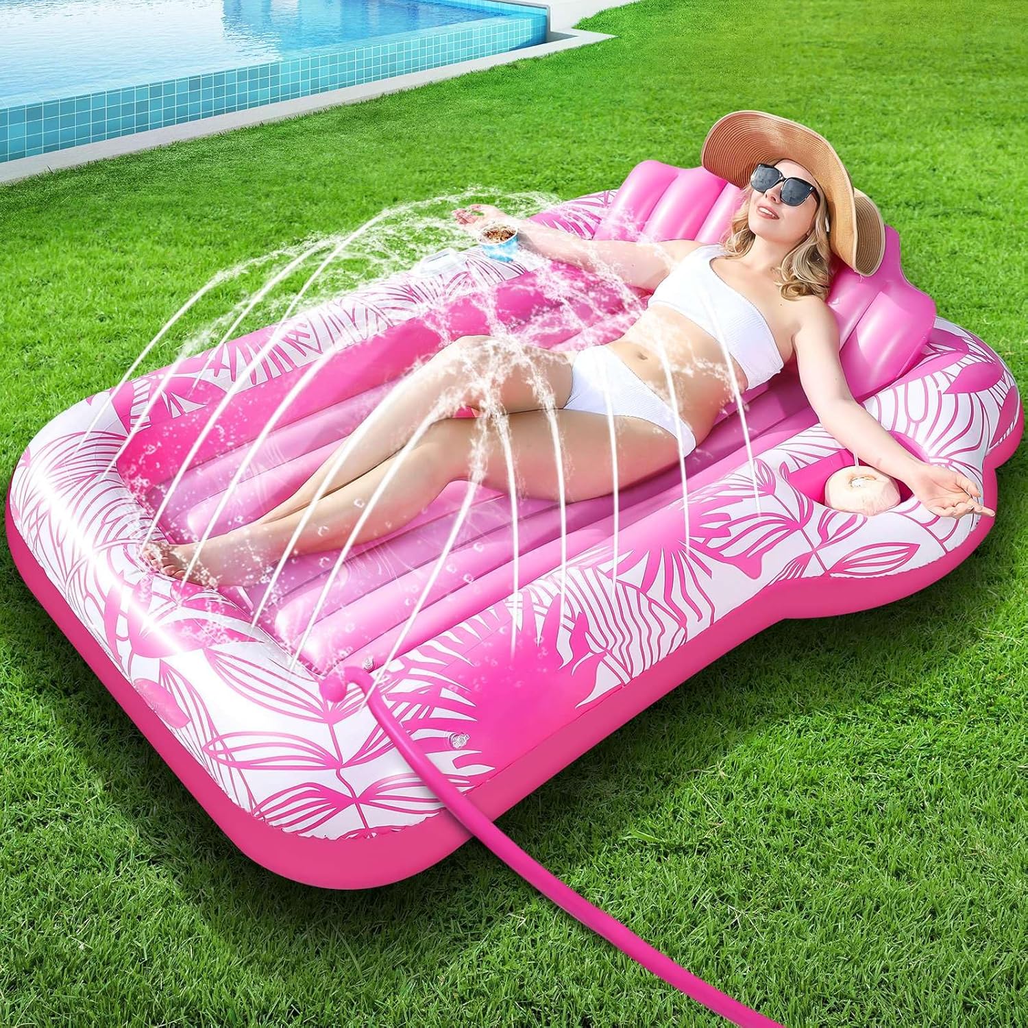 Inflatable Tanning Pool Lounger Float with Sprinkler for Adults