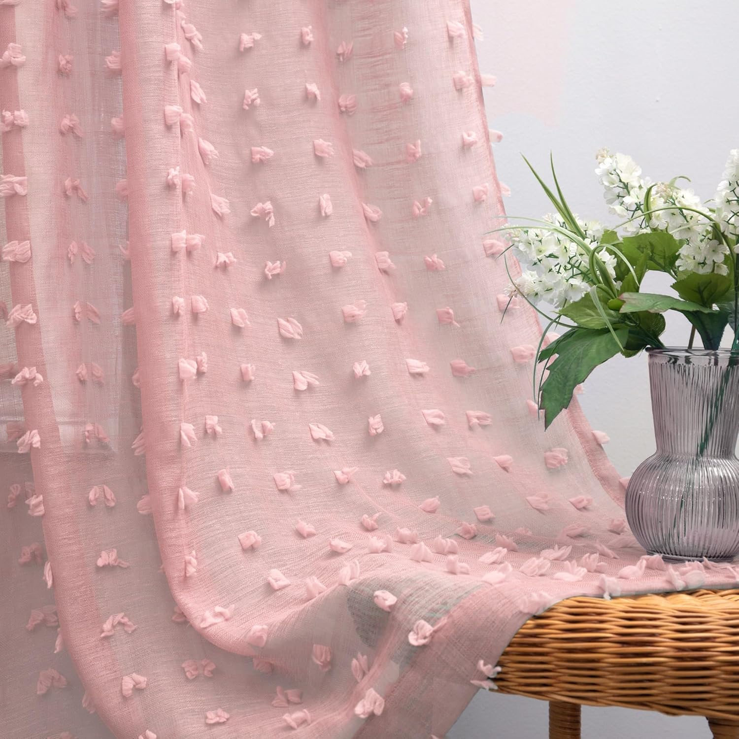 Boho Lace Coquette Pink Sheer Curtains by KOUFALL