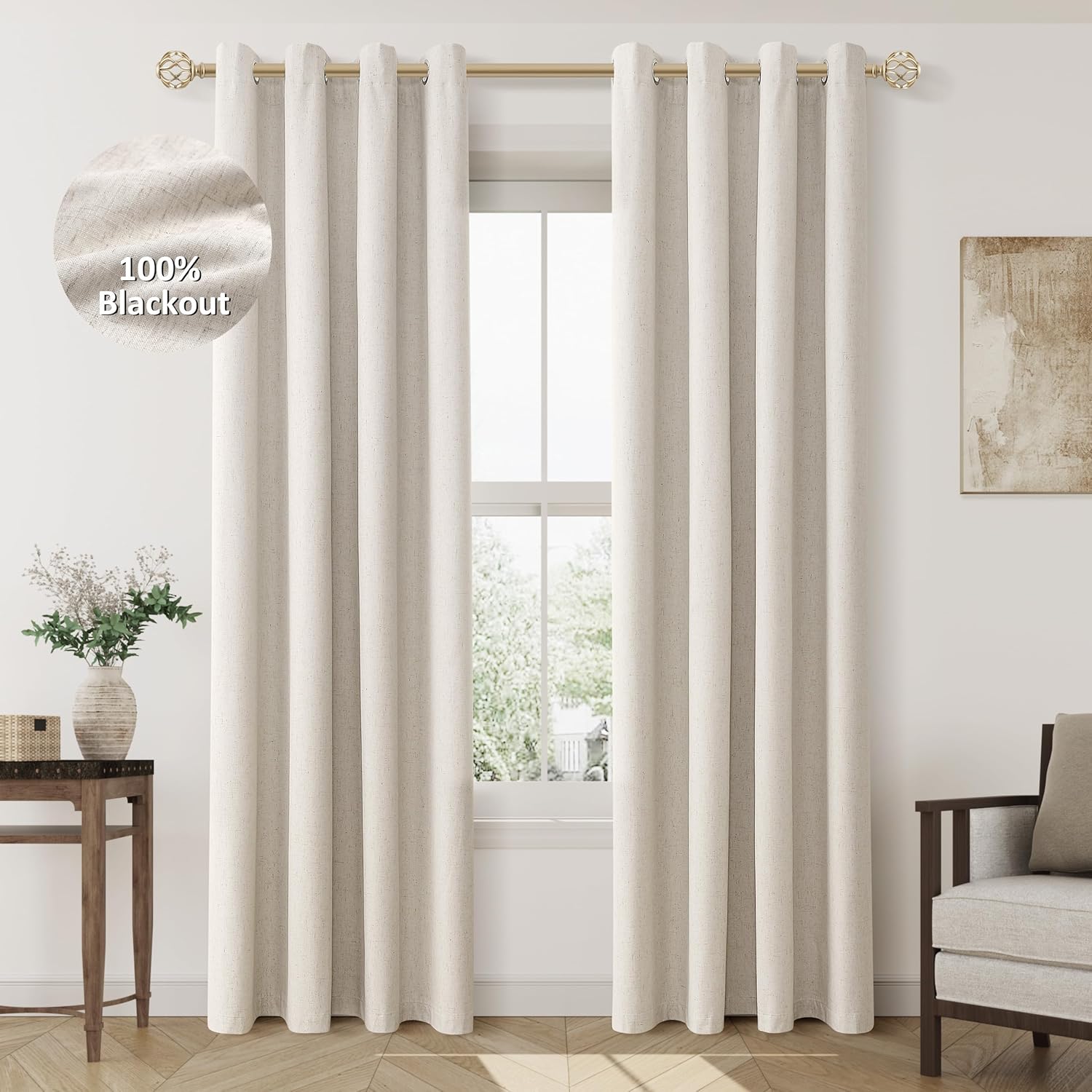 Beige Linen Blackout Curtains 80 Length for Living Room Bedroom