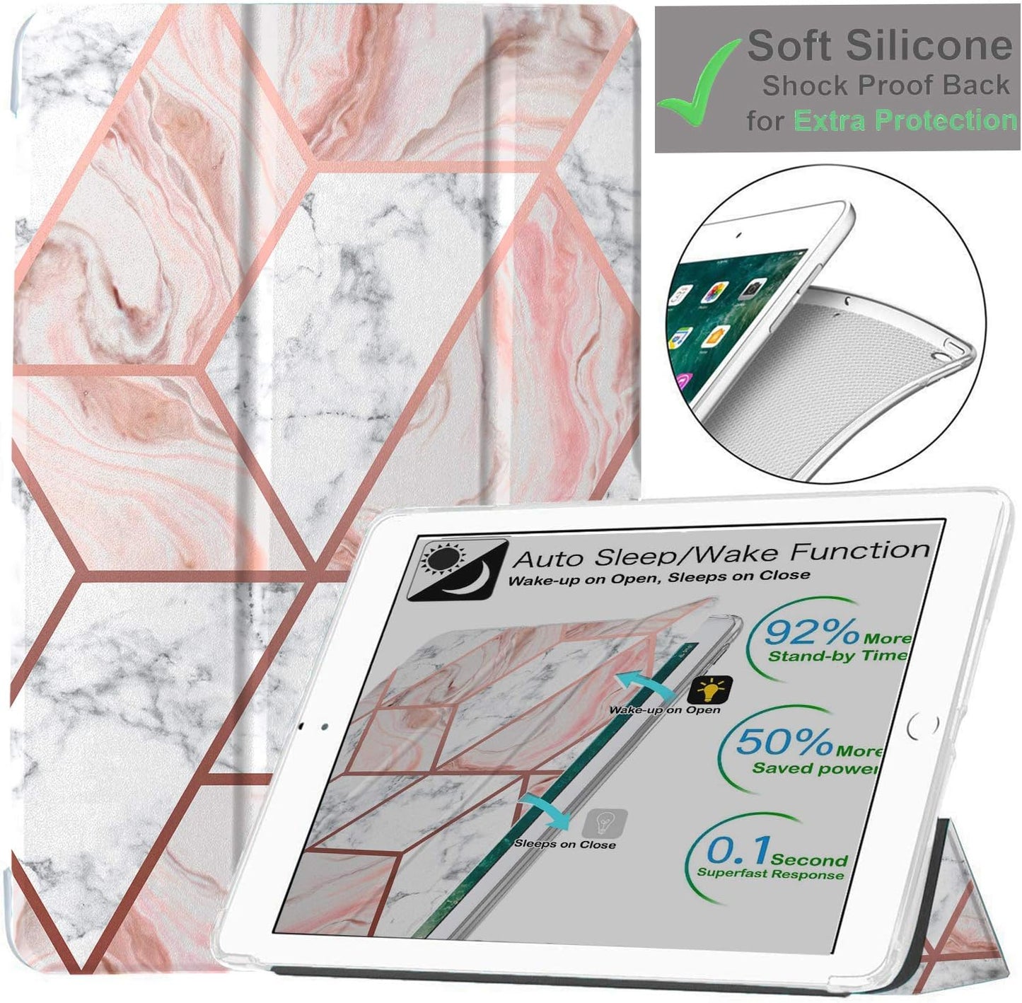 DuraSafe iPad Mini 5 Case - Stylish Marble Pink Trifold Cover