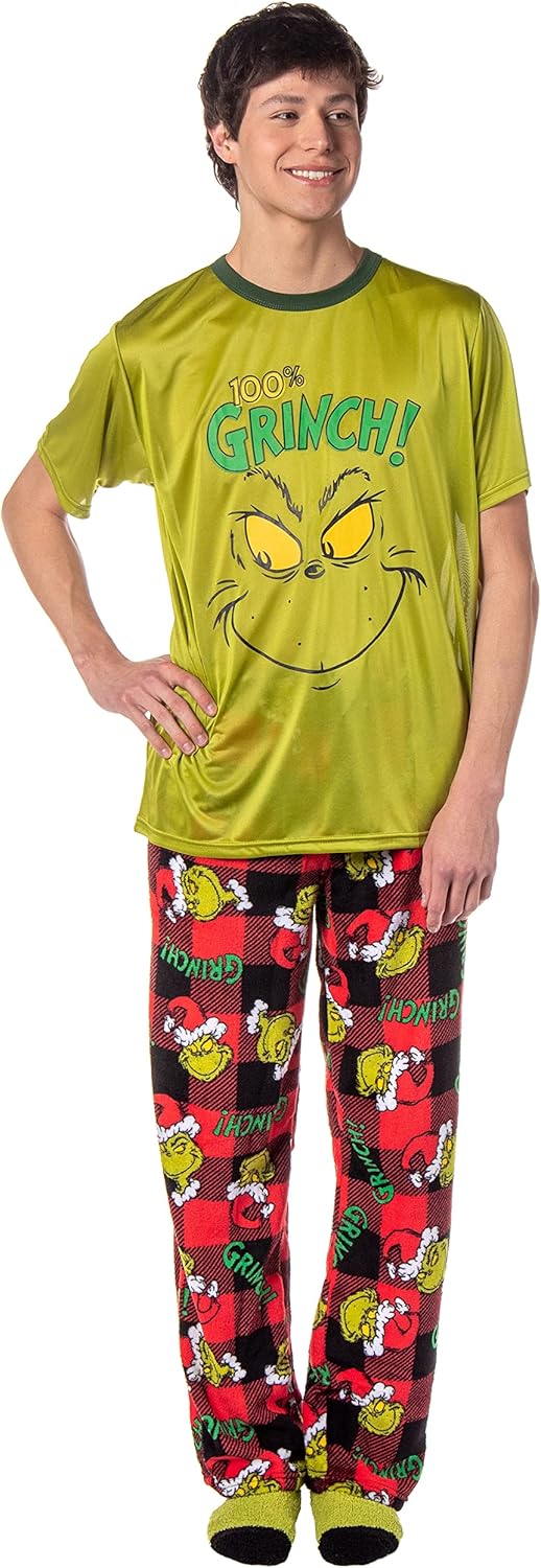 Dr. Seuss GRINCH Men's Pajama Set with Shirt, Pants, and Socks