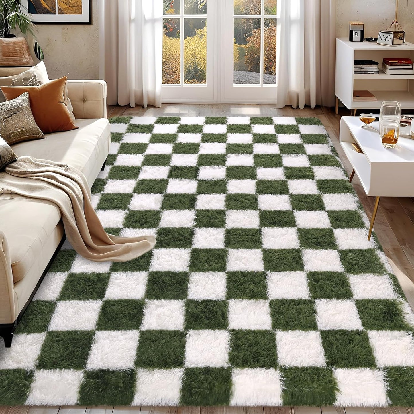 Soft Fluffy Checkered Area Rug for Living Room and Bedroom
