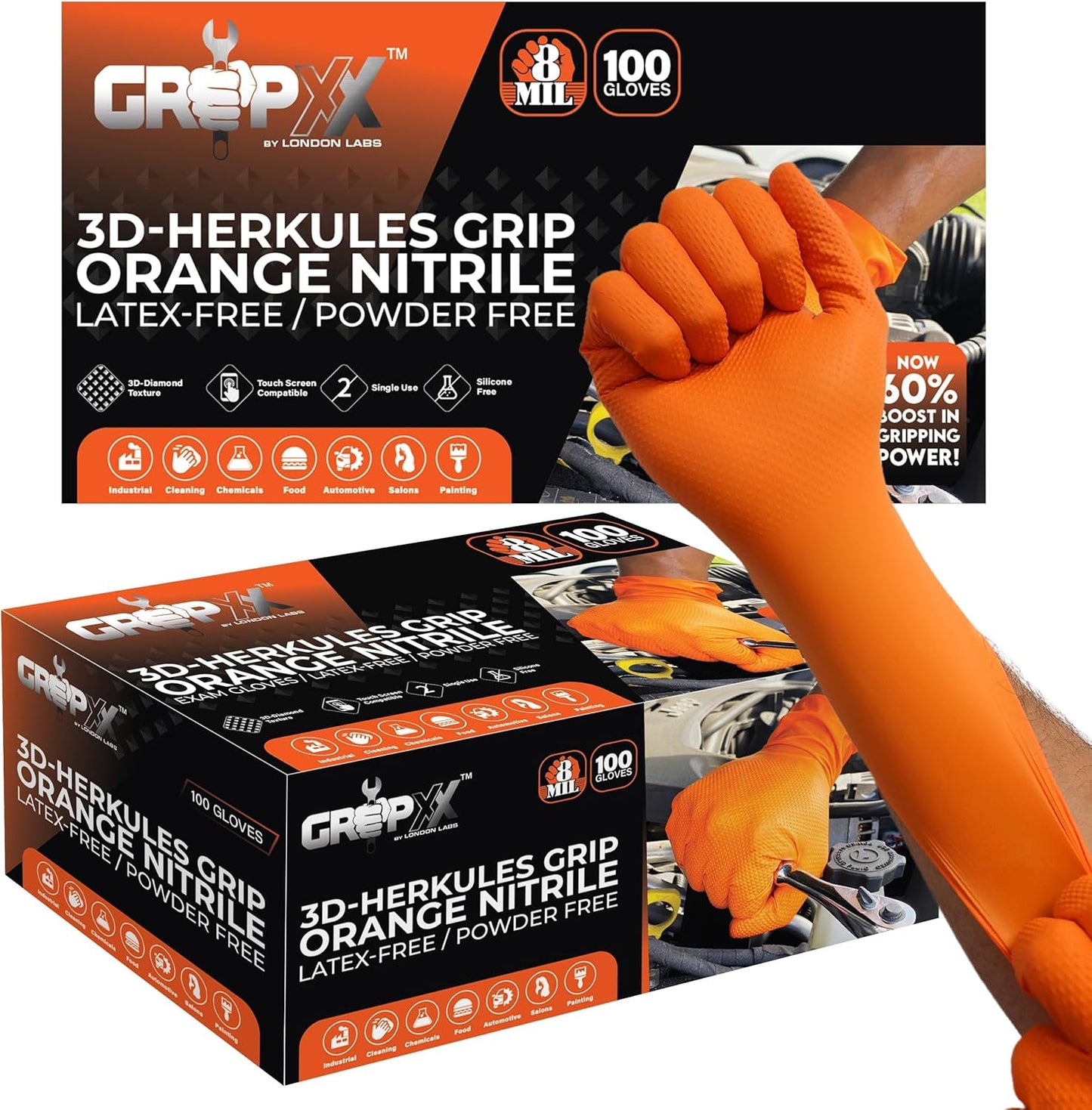 Herkules Grip Heavy Duty 8Mil Orange Nitrile Gloves for Safety