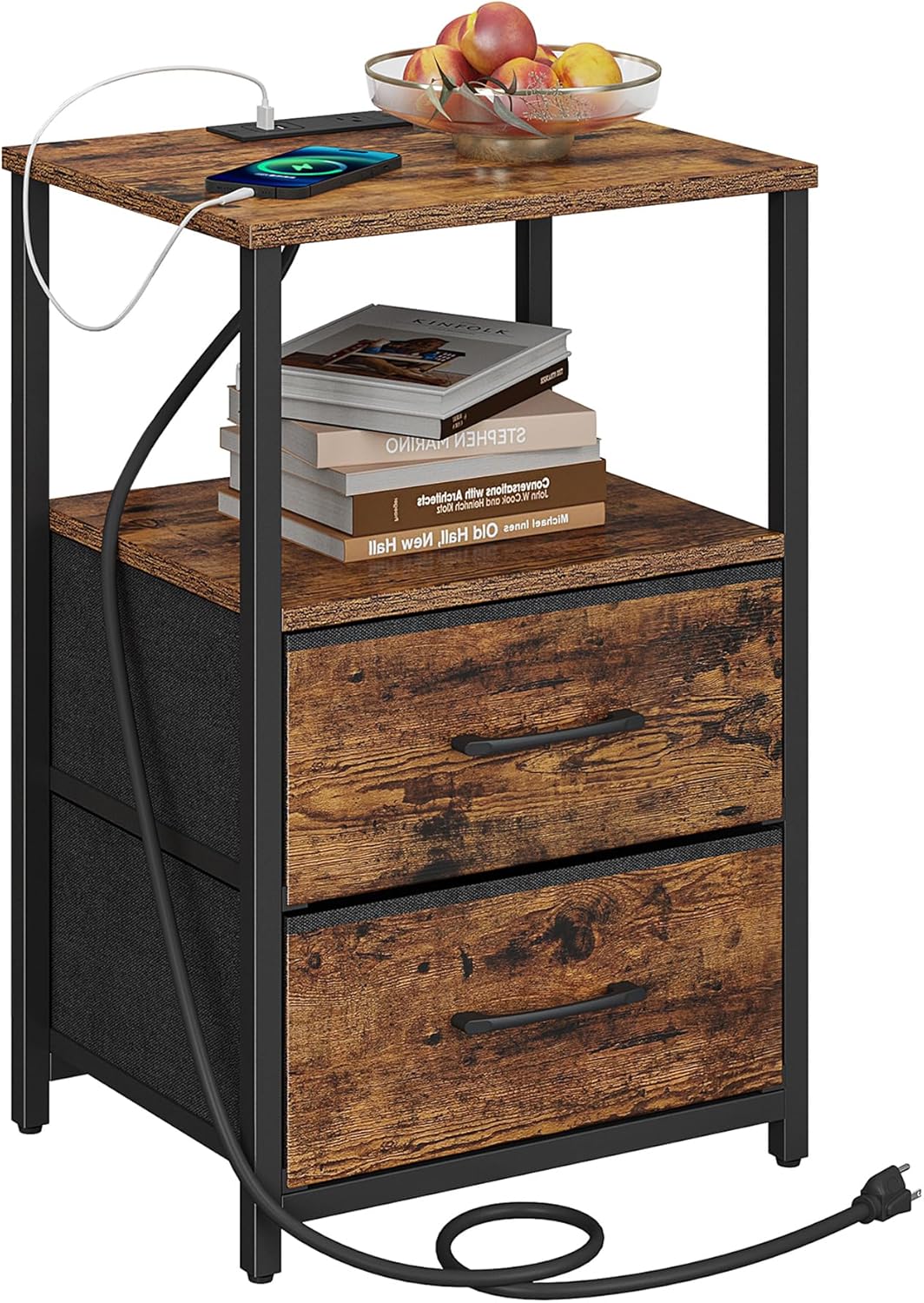 TUTOTAK End Table with Charging Station and Fabric Drawers