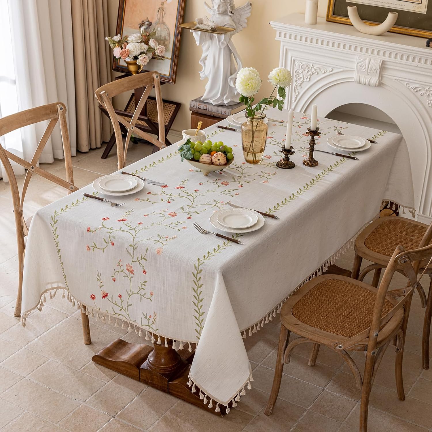 Joyfol Day Linen Waterproof Tablecloth with Tassels for Dining