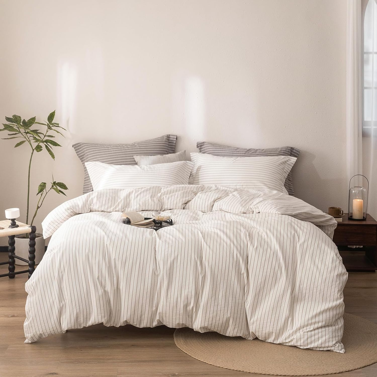 Stripe Duvet Cover Queen Size in Off White and Linen Grey