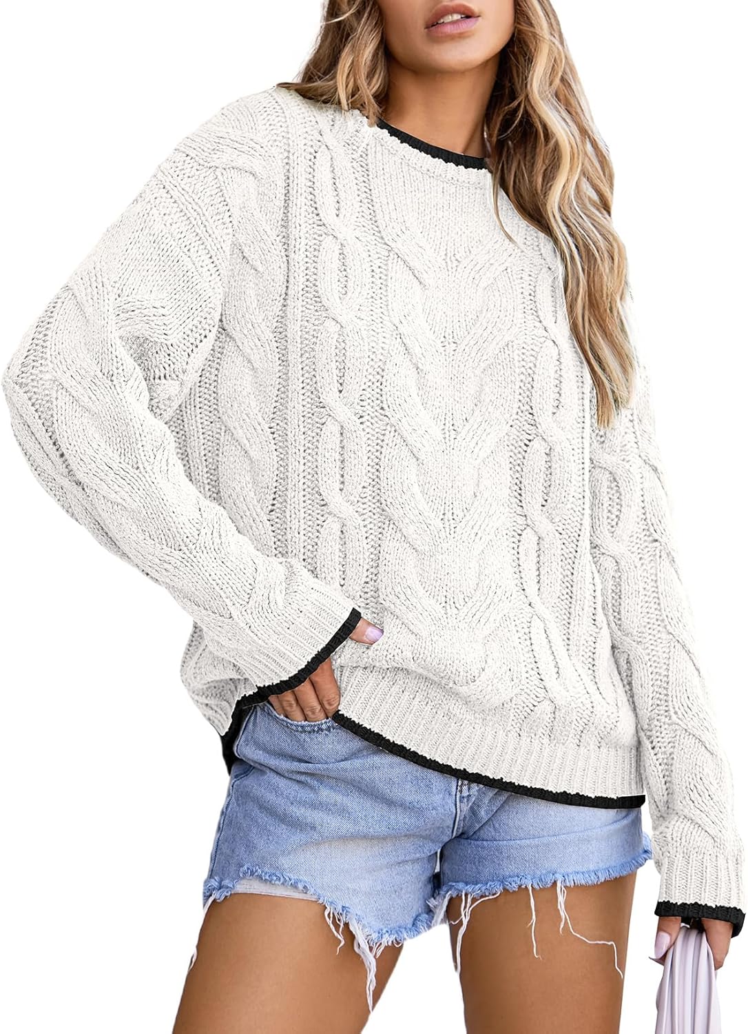 Trendy Crewneck Long Sleeve Color Block Sweater for Women