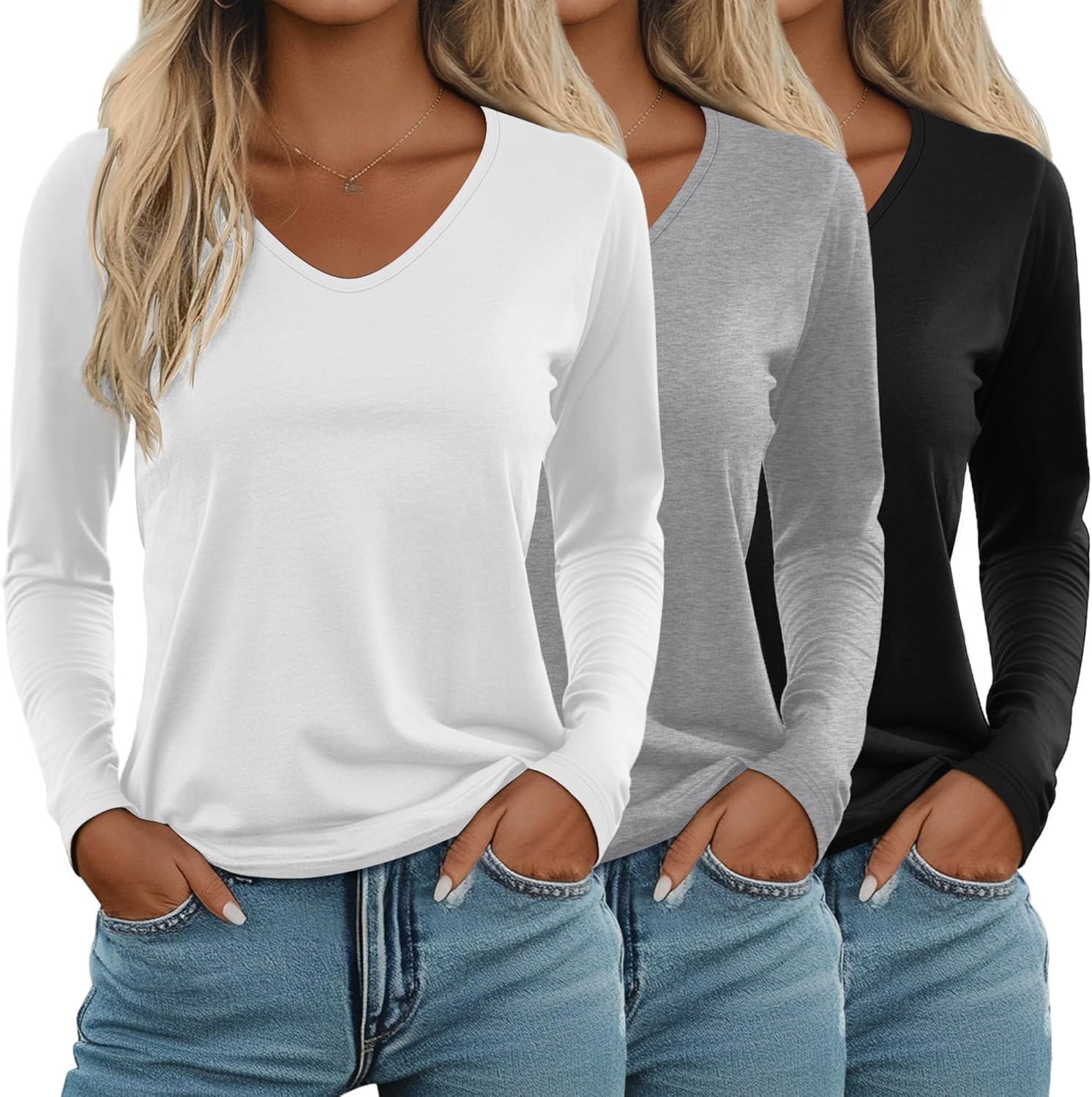 Ficerd Women's Long Sleeve V Neck T Shirts - Casual and Trendy