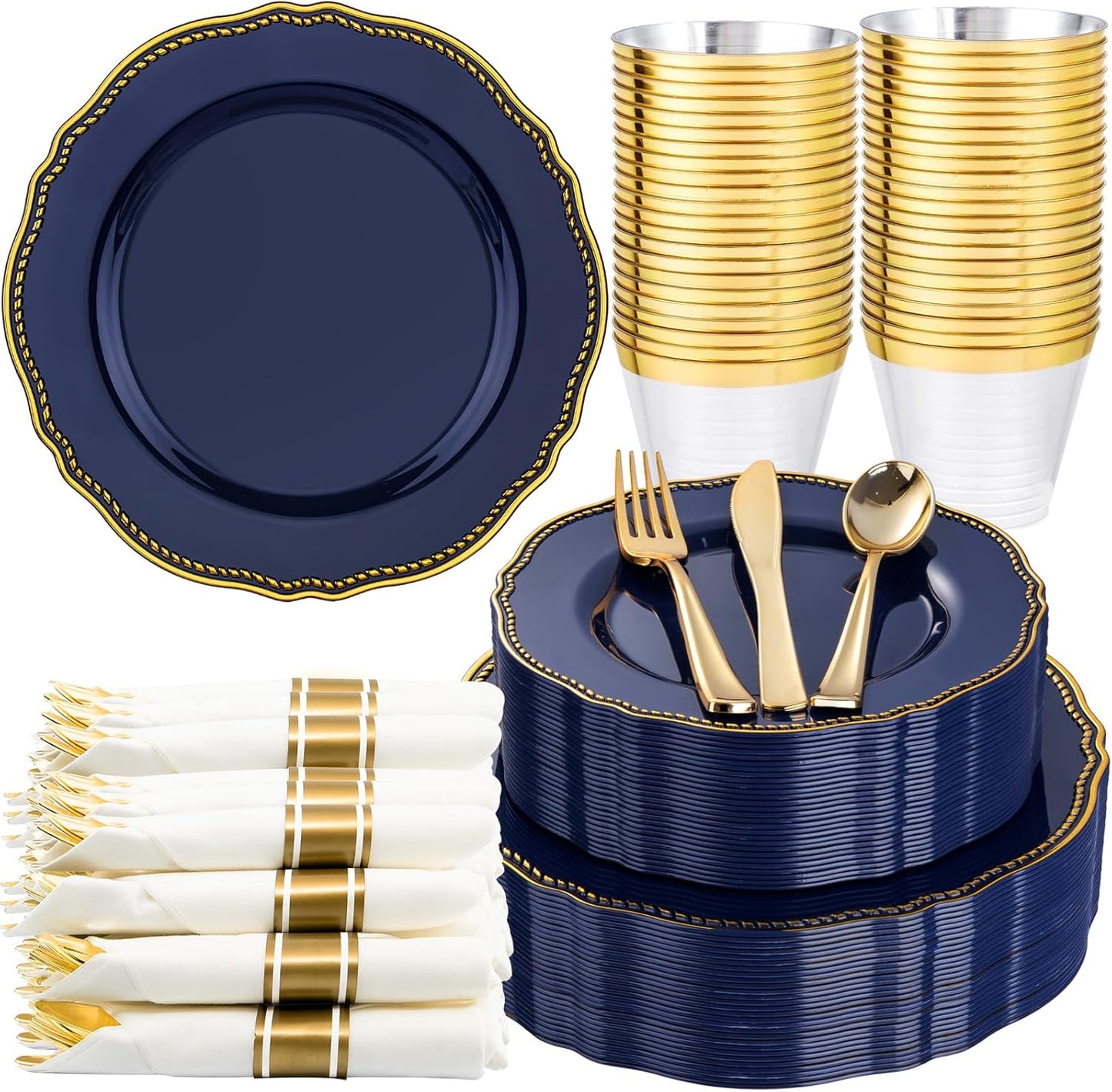 175pcs Blue Gold Plastic Plates Set for Elegant Parties