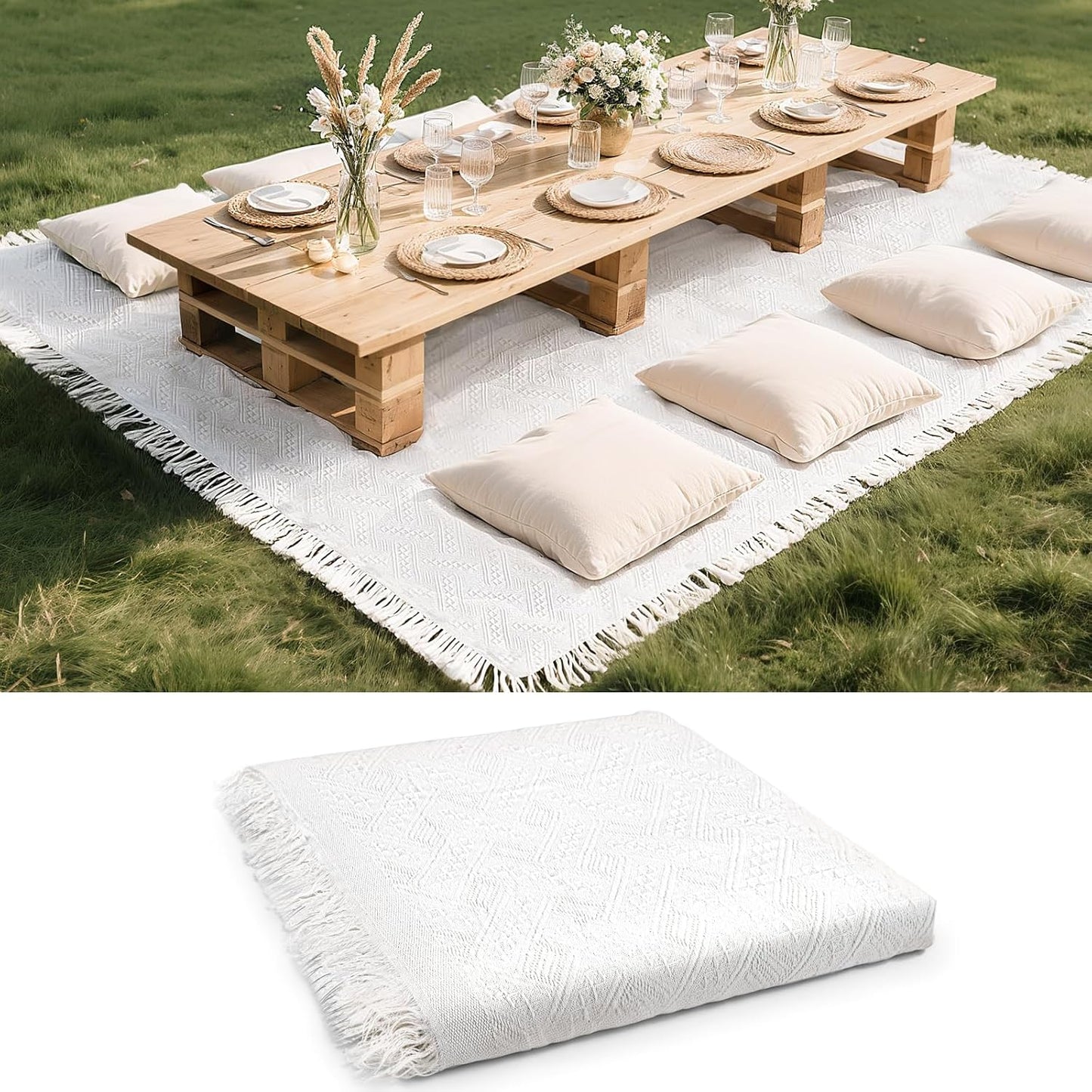 102 x 71 Extra Large White Outdoor Picnic Blanket for All Events