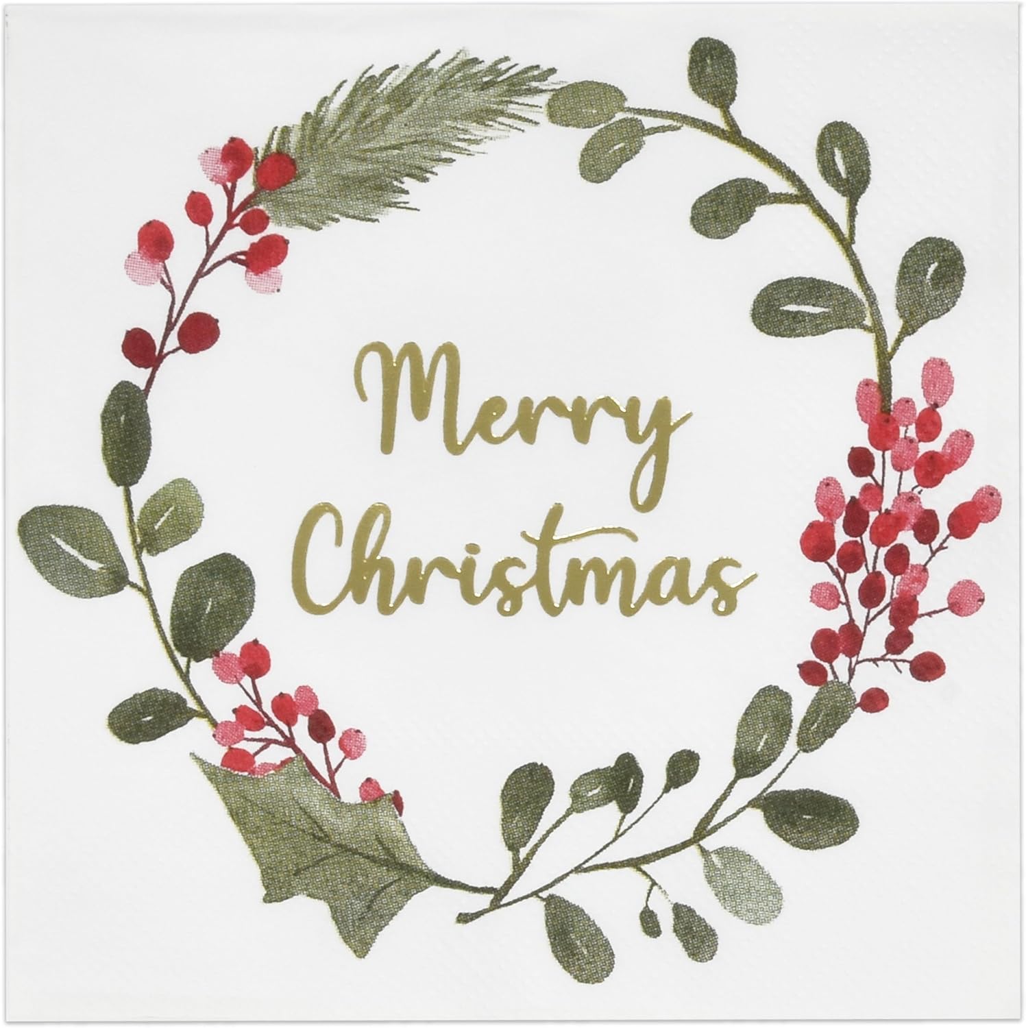 Merry Christmas Berry Wreath Cocktail Napkins - 100 Count