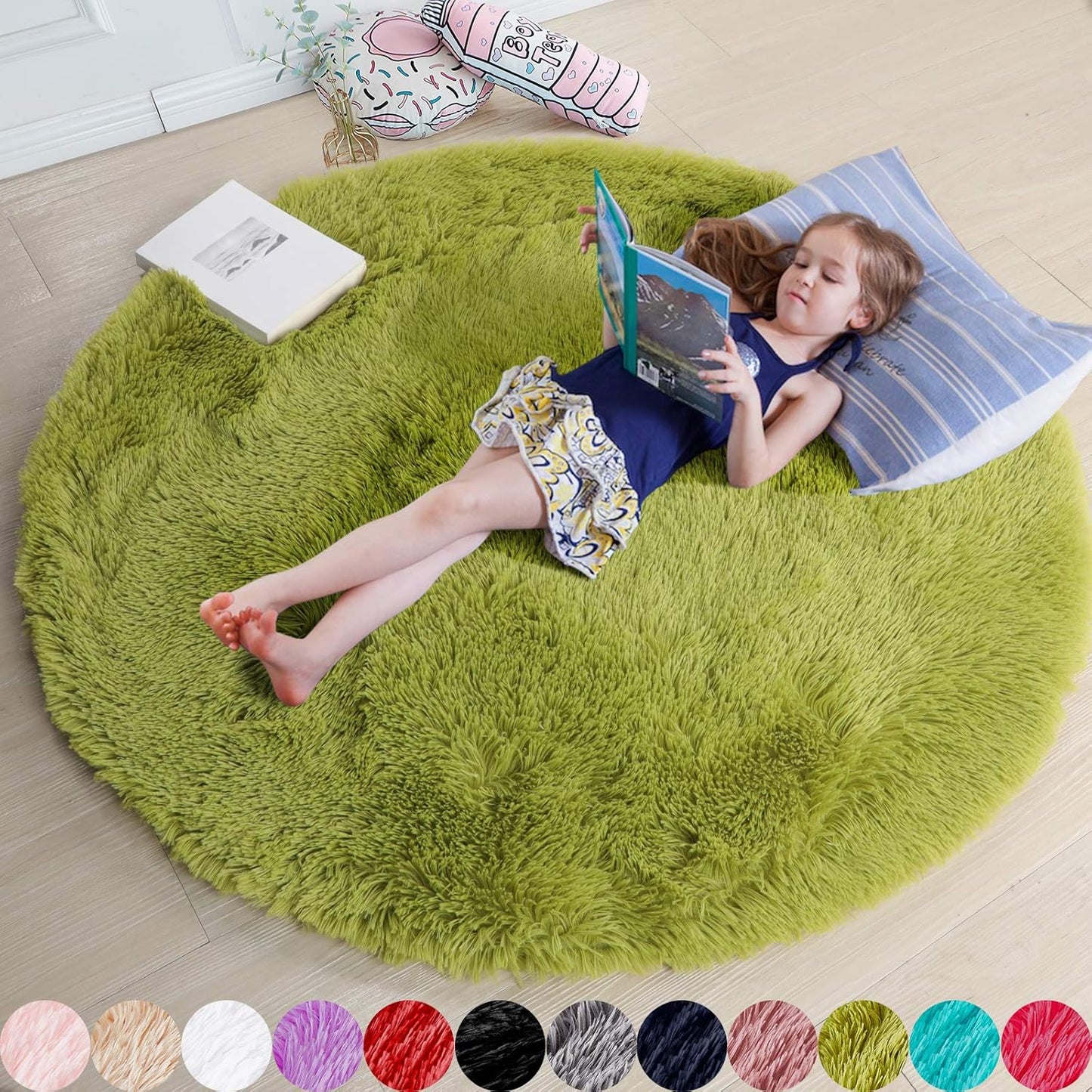Fluffy Grass Green Round Area Rug 7Ft for Living Room Decor