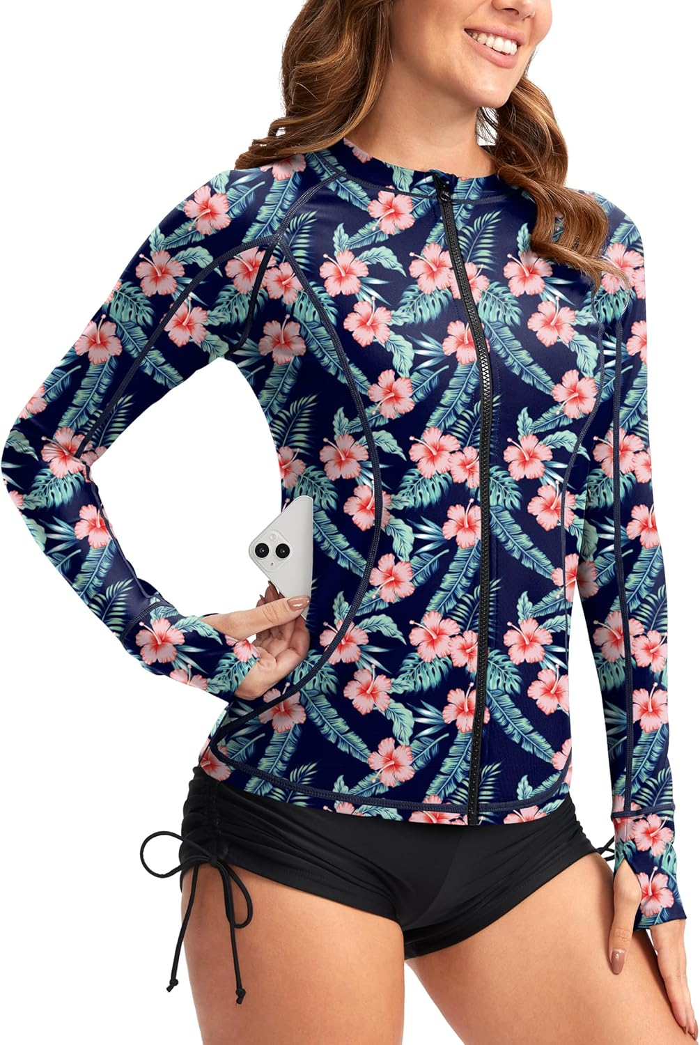 SANTINY Women's Rash Guard with Zipper Pockets for Sun Protection