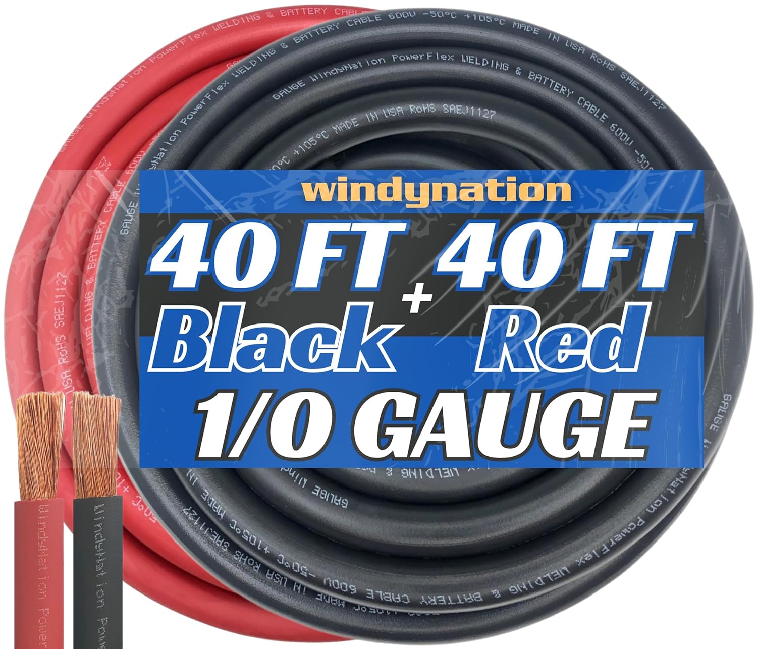 WNI 1/0 Gauge 40 Feet Black Red Ultra Flexible Welding Cable