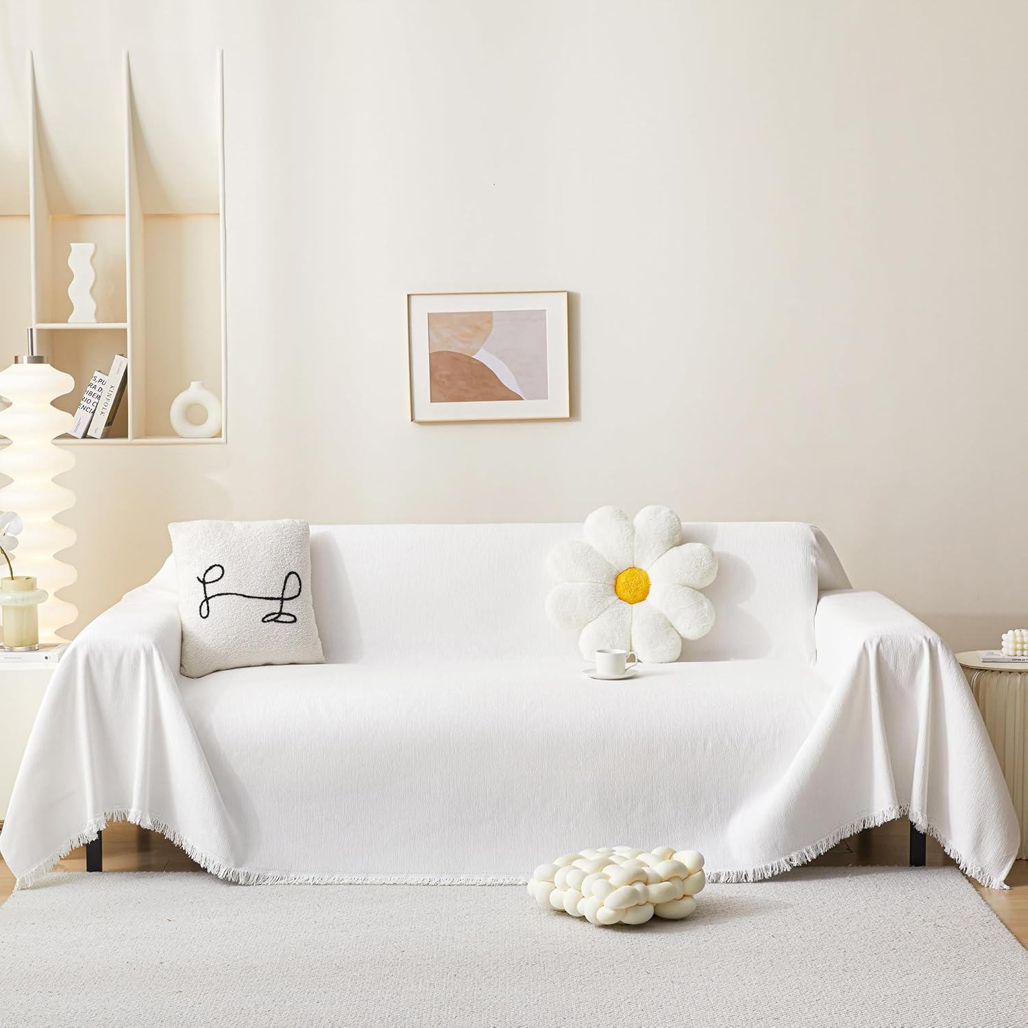 MEETSKY White Couch Cover - Large Slipcover with Tassel Edge