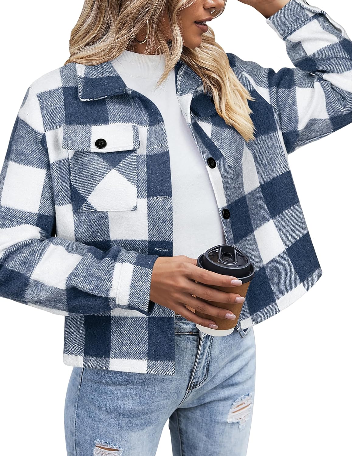 Cropped Flannel Shacket Jacket for Women - Fashionable Plaid Style