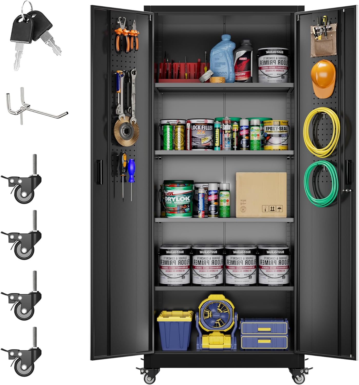 Aobabo 73ftH Metal Garage Storage Cabinet with Wheels and Pegboards
