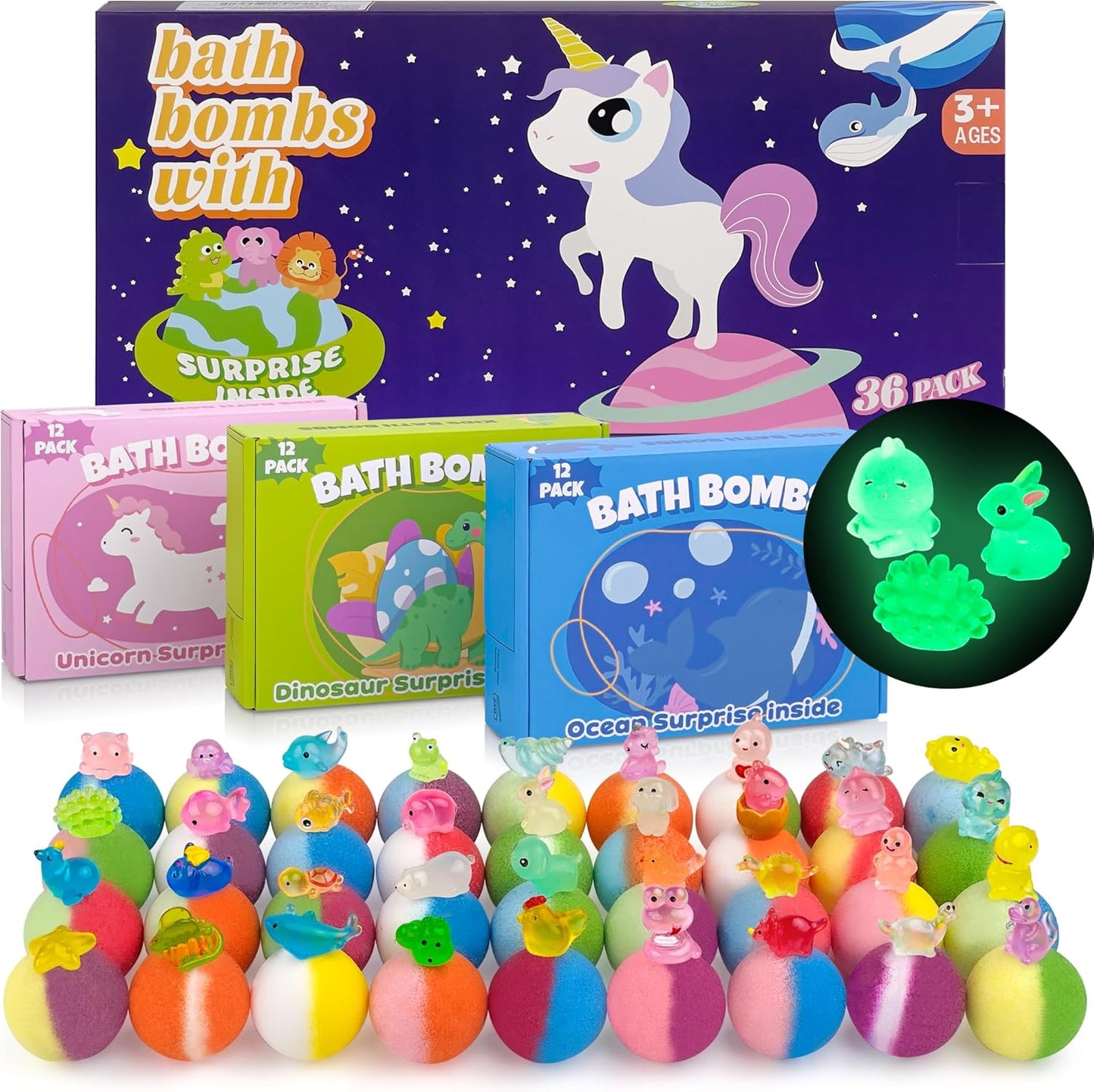 36-Pc Glow Dino Bath Bombs: Kids' Organic Surprise Set