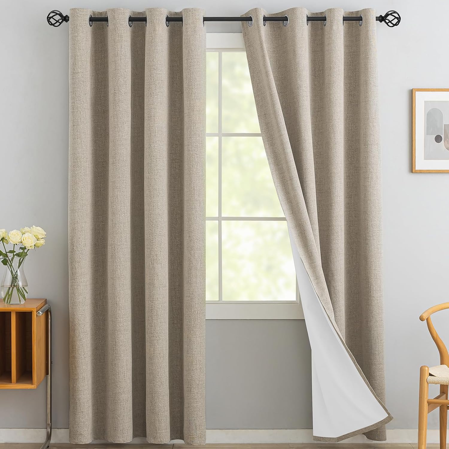 Yakamok Natural Linen Curtains 100% Blackout 96 Inches Long