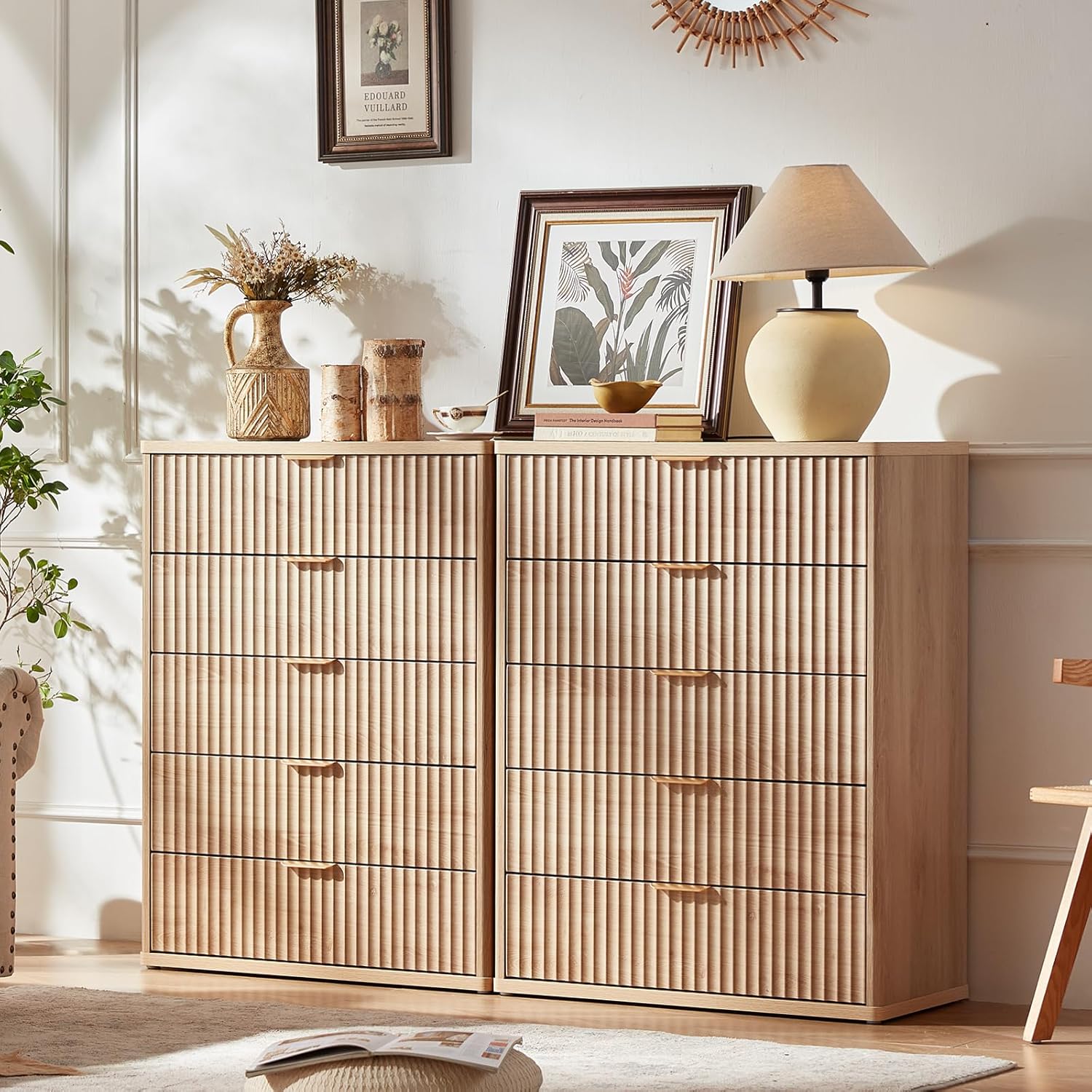 LEYAOYAO Fluted 5 Drawers Dresser Set for Modern Storage