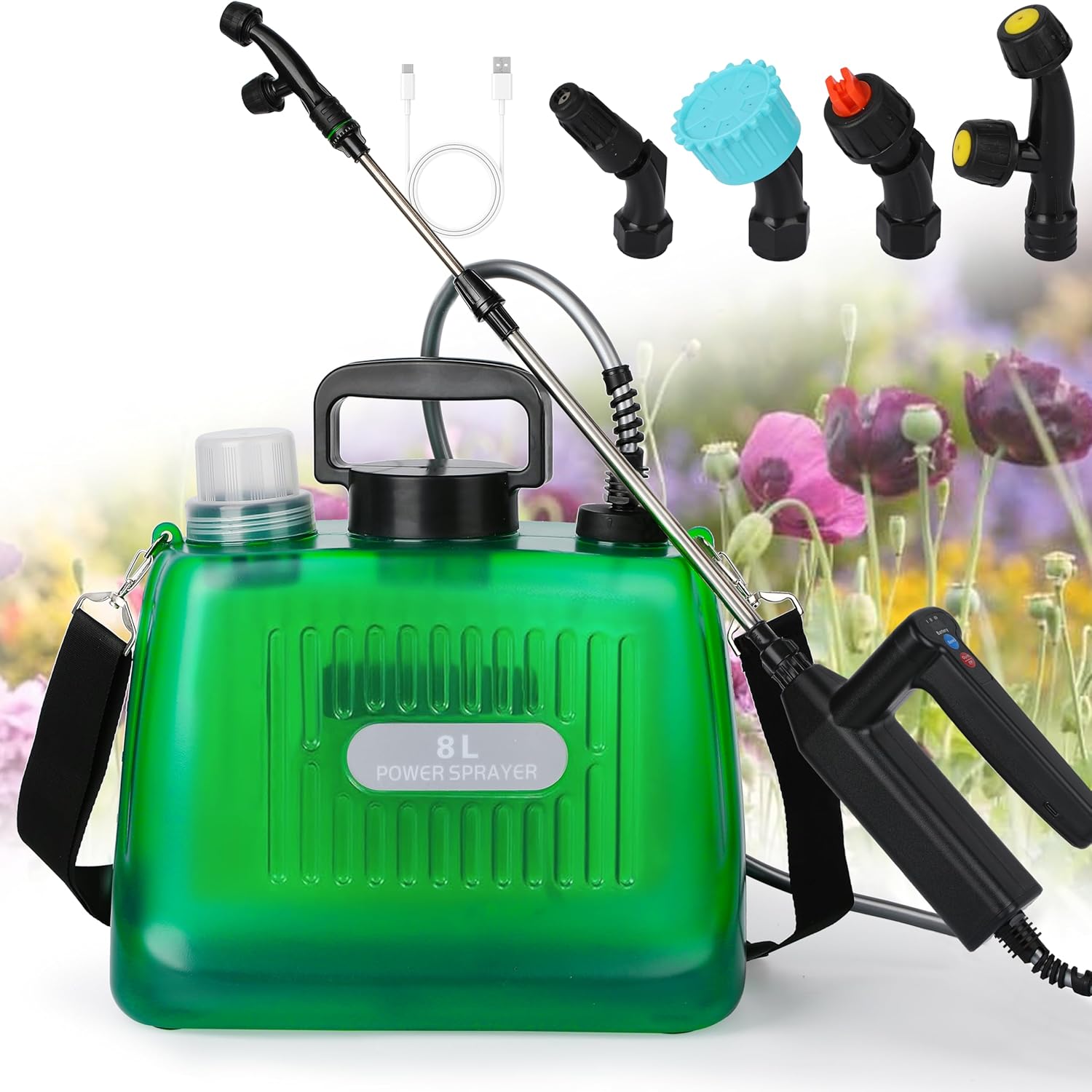 Ramarmro 2 Gallon Electric Sprayer - USB Rechargeable, 4 Nozzles, Telescopic Wand