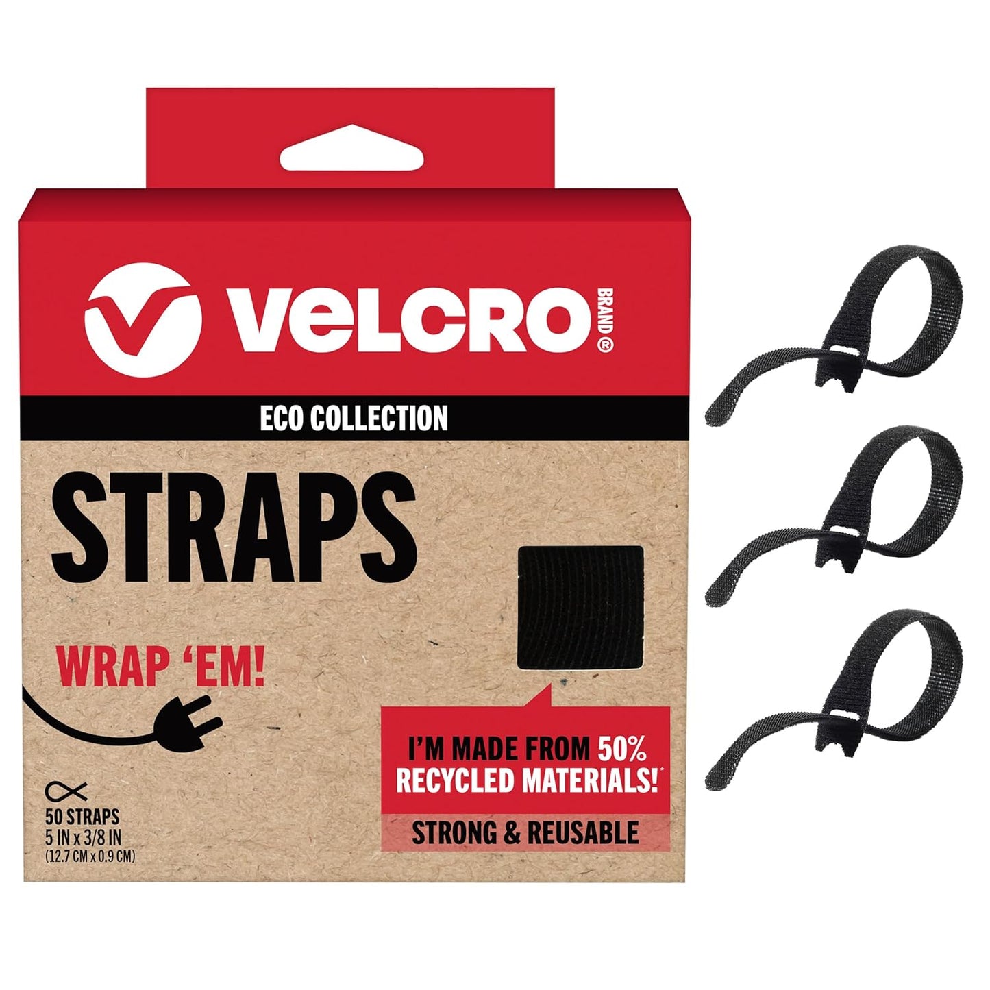 VELCRO Brand 5 Reusable Cable Ties | Black 50 Pack