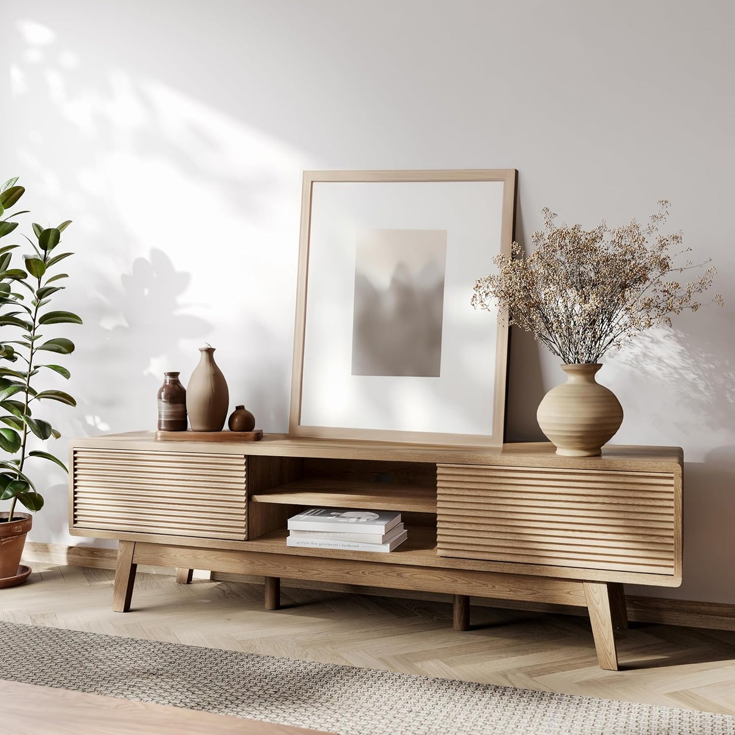 Mid Century TV Console with Fluted Doors, Oak