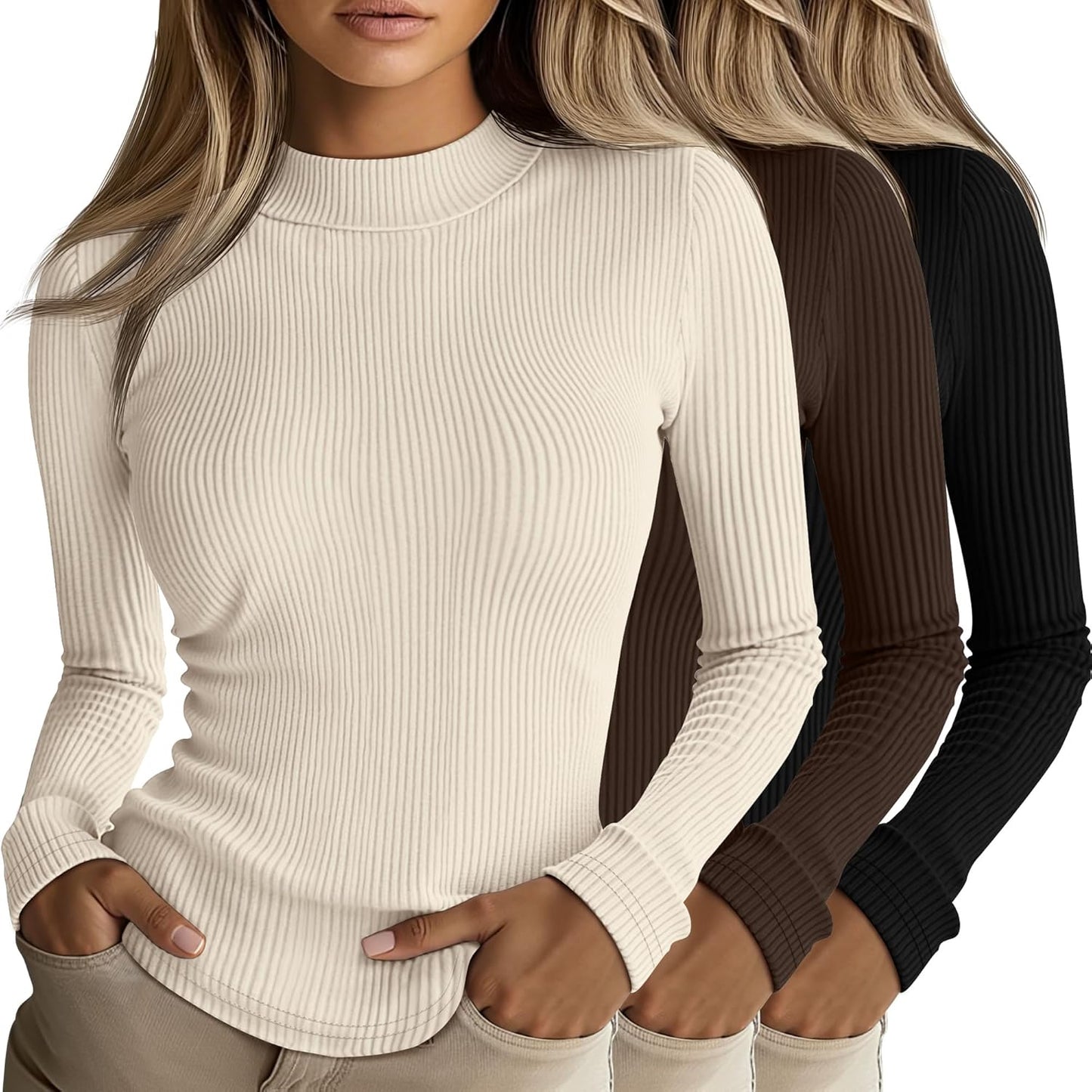 Riyiper 3 Pack Women's Ribbed Mock Turtleneck Long Sleeve Tops