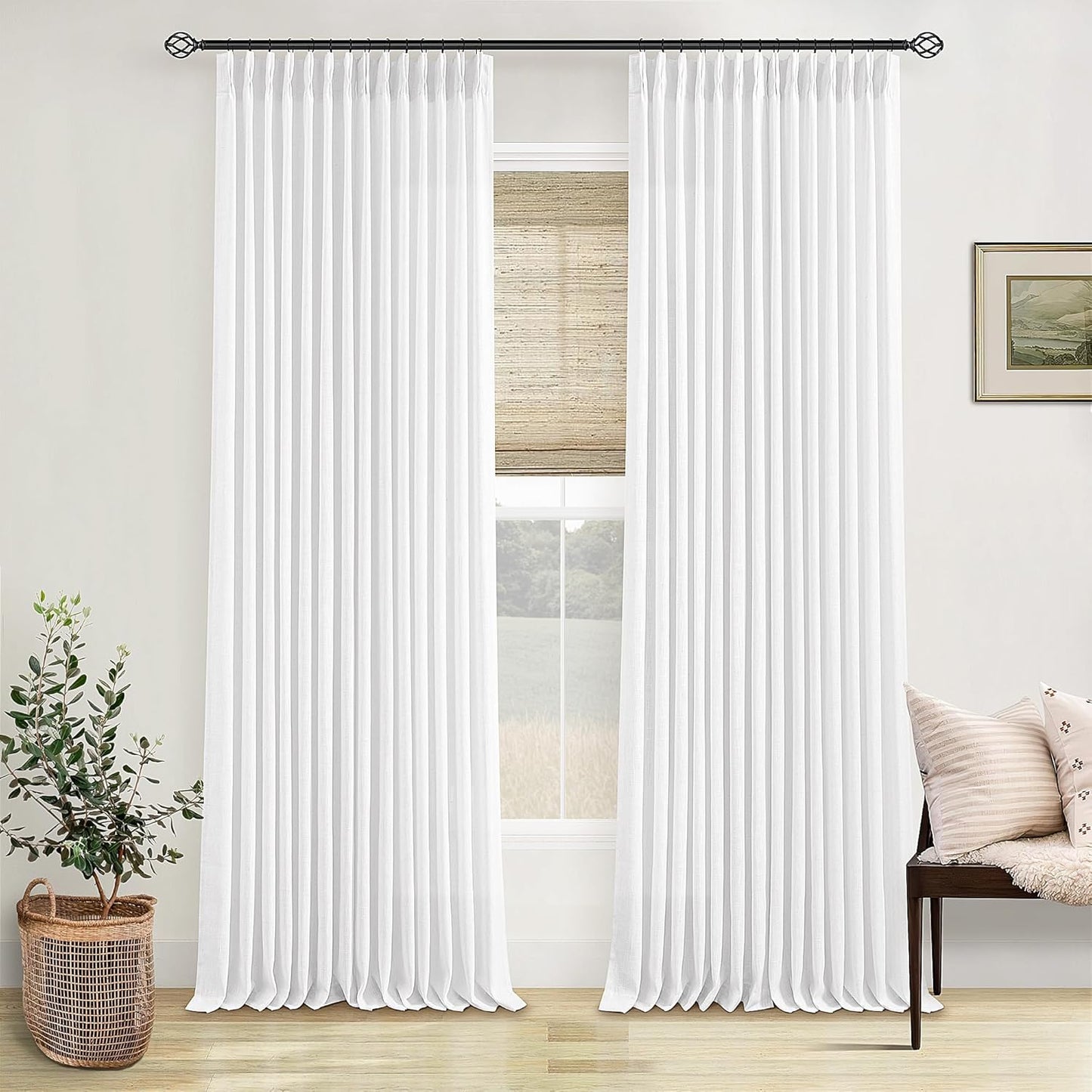 Pleated Linen Curtains 86 Inches Long for Living Room Decor