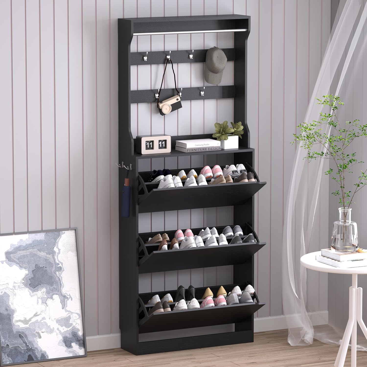 Shoe Cabinet with 3 Flip Drawers & Coat Rack for Entryway