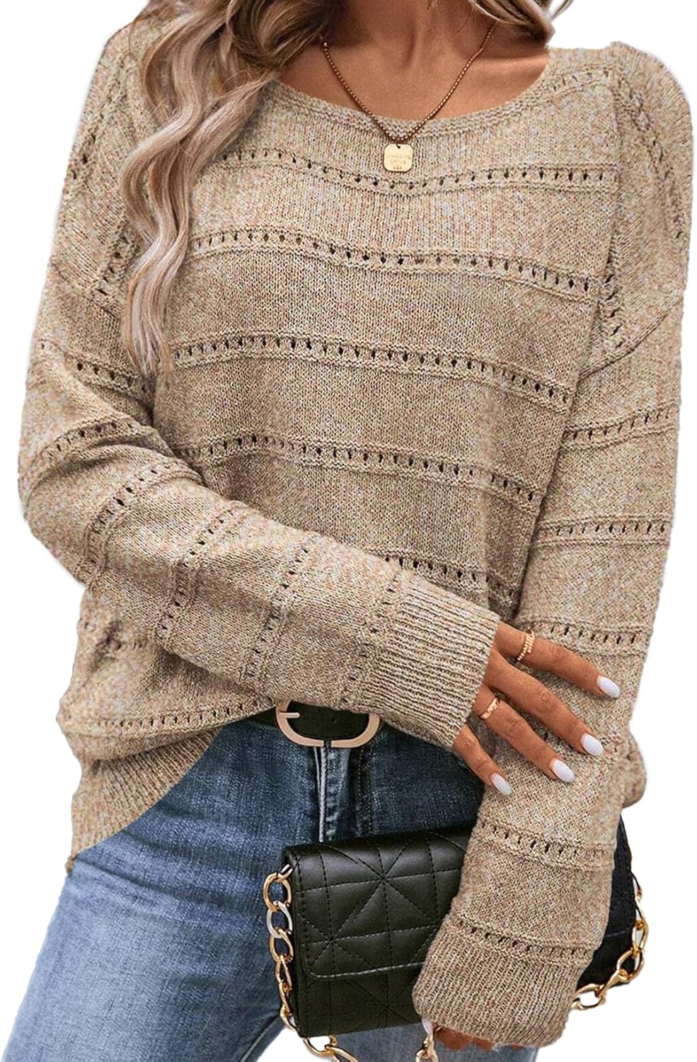 SHEWIN Women's Lightweight Knit Boat Neck Crochet Sweater