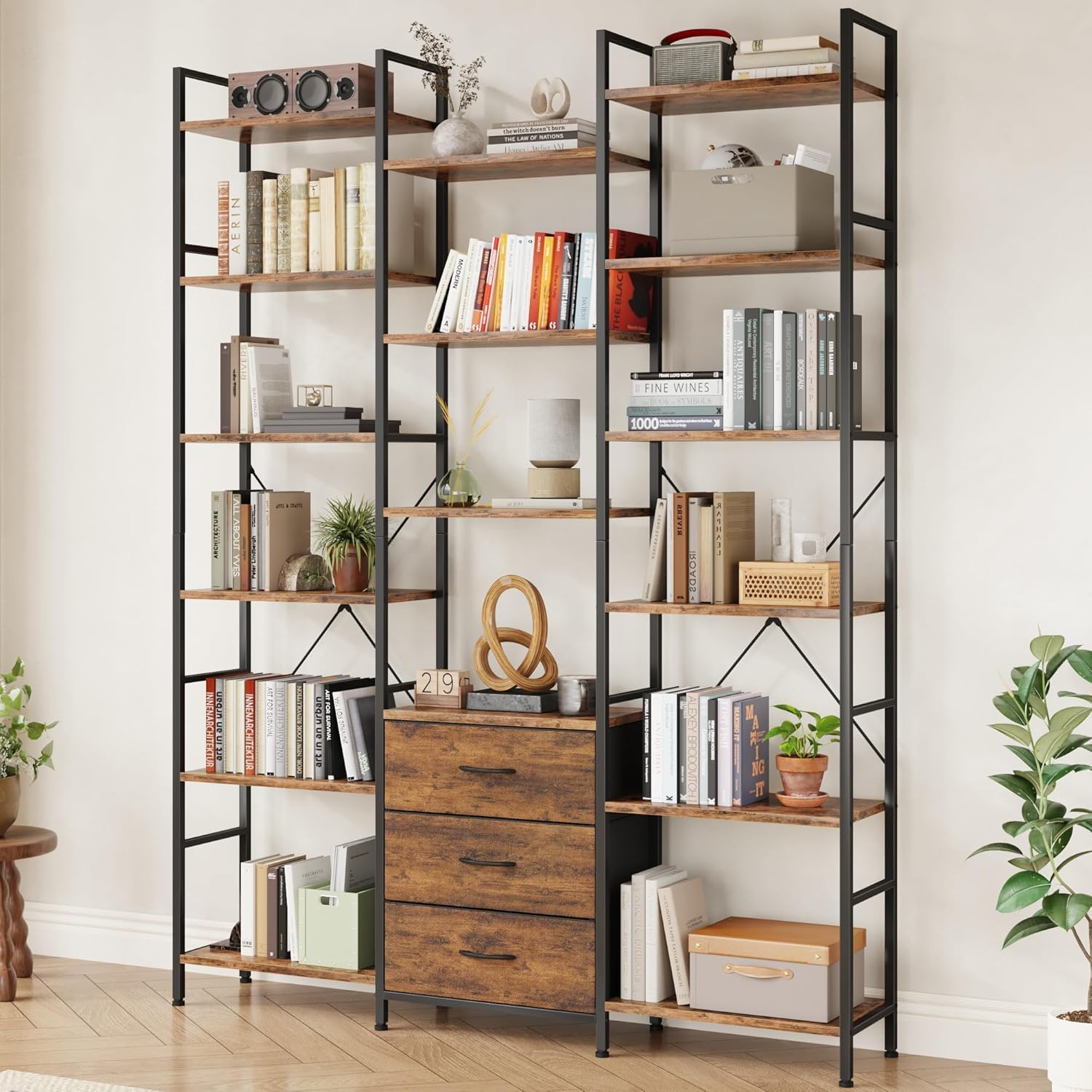 Triple Bookshelf with 3 Fabric Drawers for Home & Office