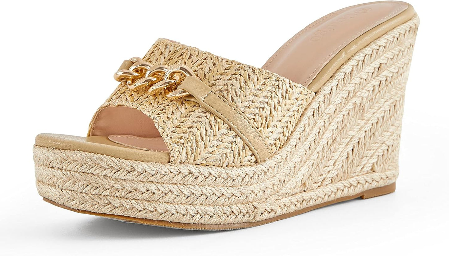 Coutgo Women's Wedge Sandals with Trendy Chain Detail