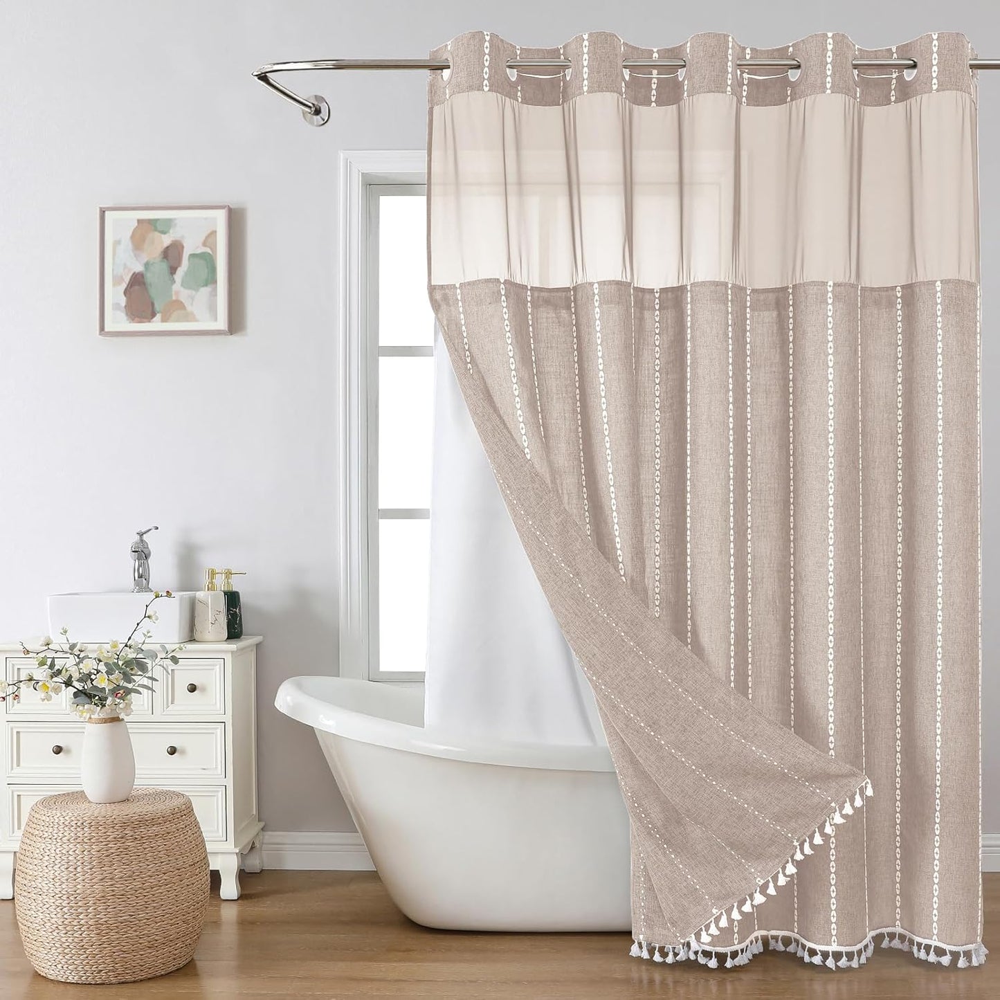 No Hook Long Shower Curtain Set with Snap-in Liner for Luxury Bath