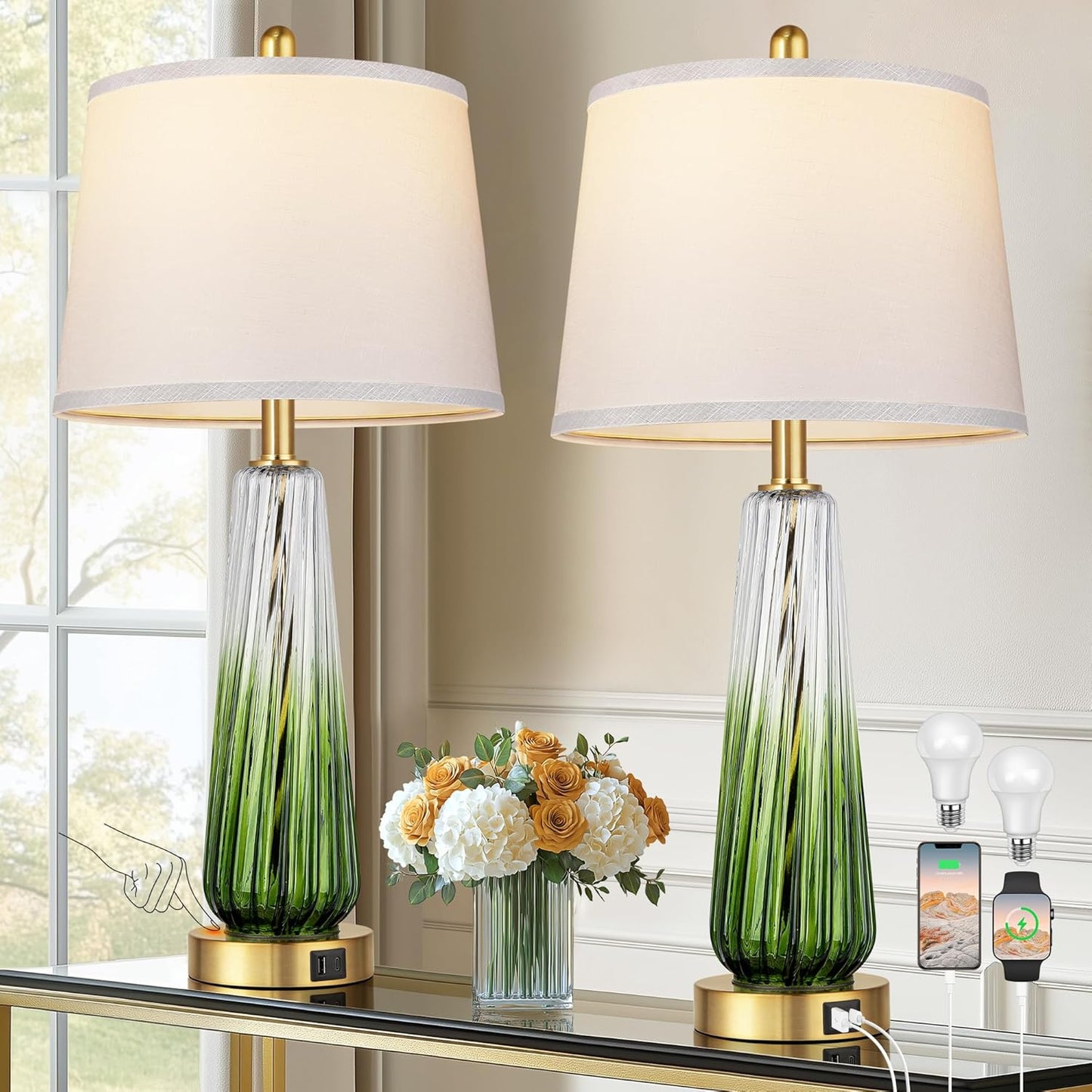 Elegant Glass Table Lamps Set of 2 with USB Ports and Dimming