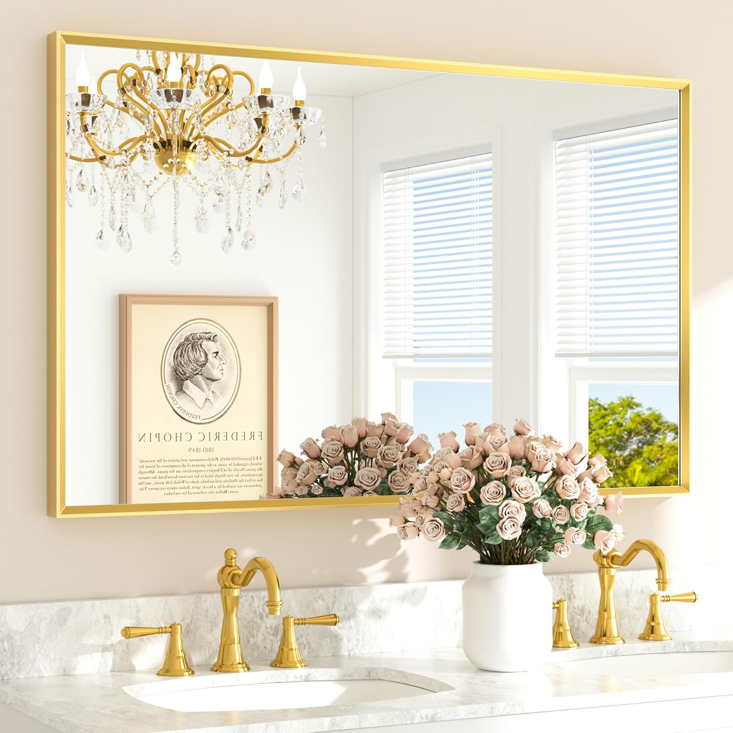 Brushed Gold Frame Mirror for Bathroom - Elegant 48 x 30 in Design