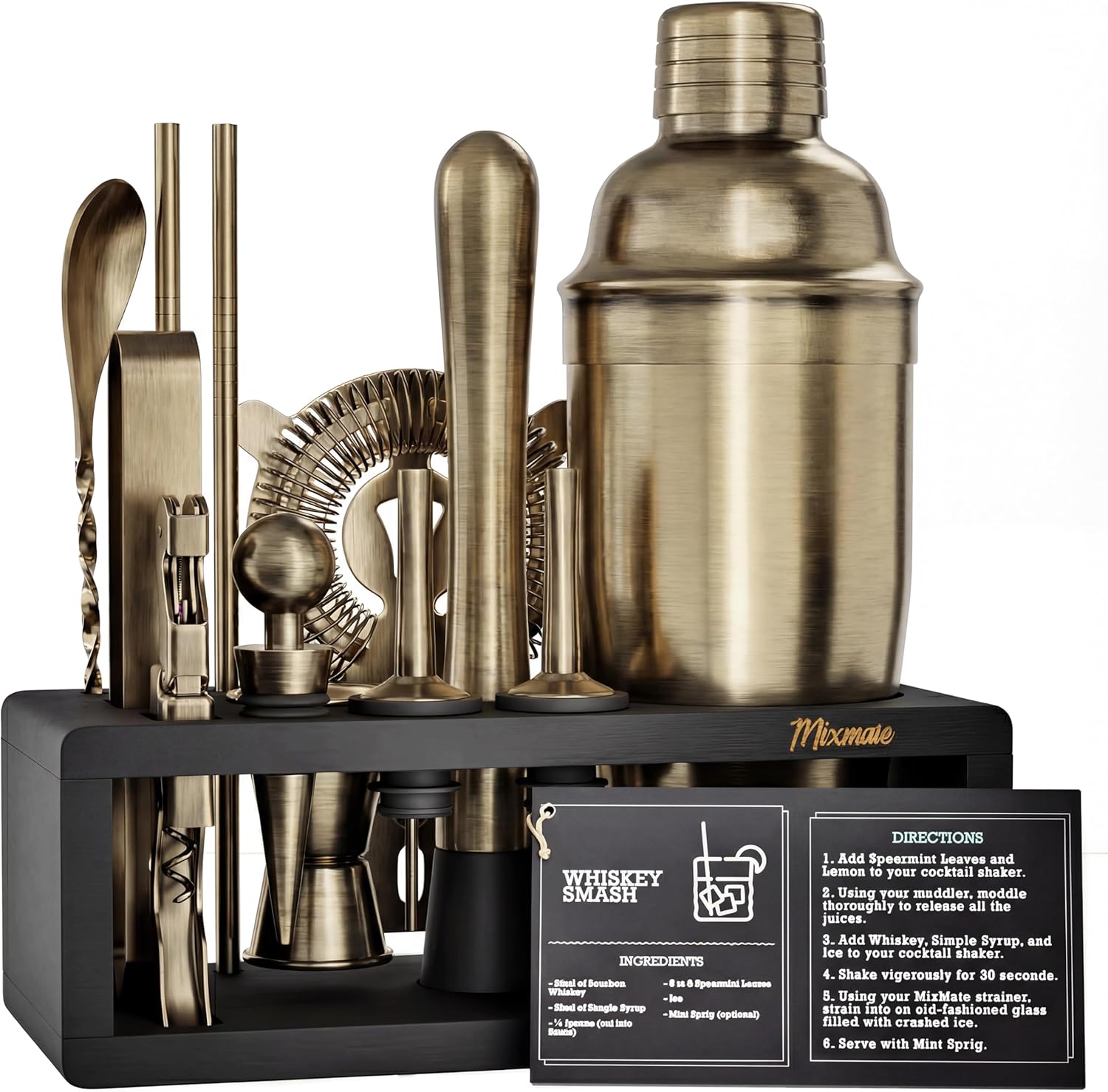 Brushed Brass Mixology Kit - 15 Piece Bar Tool Set for Home