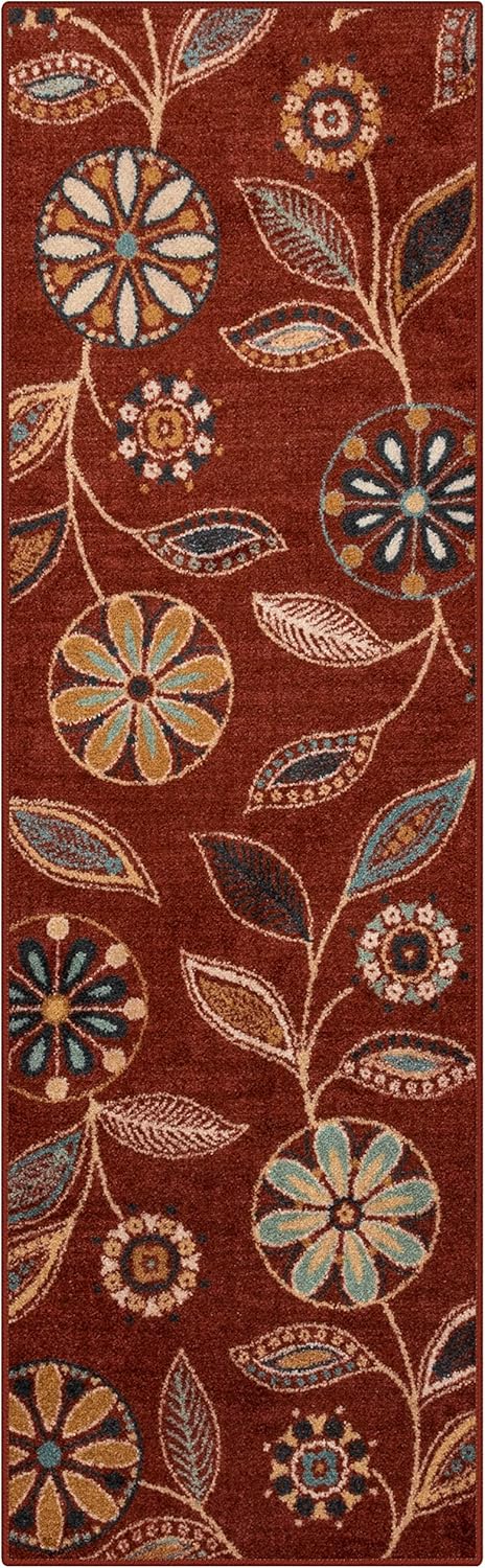 Maples Rugs Reggie Floral Runner Rug - Washable Non Slip Design
