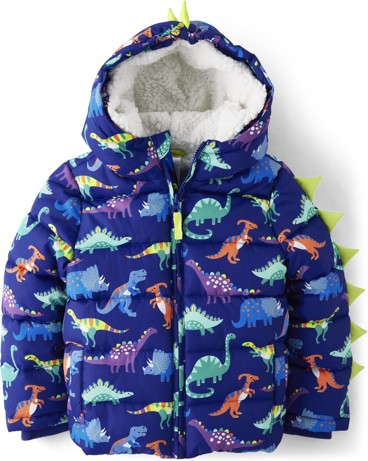 Dino Print Puffer Jacket for Boys with 3D Spikes and Hood