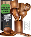 Teak Wooden Utensil Set with Spoon Rest & Hooks - Durable Kitchen