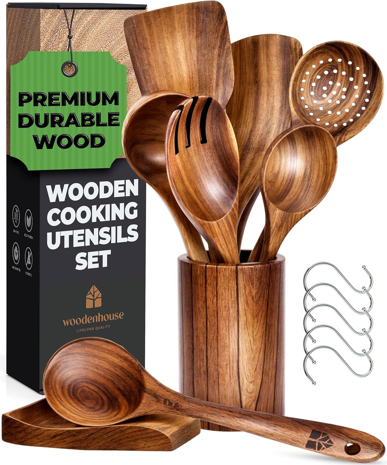 Teak Wooden Utensil Set - Durable 8 Pcs Cooking Tools
