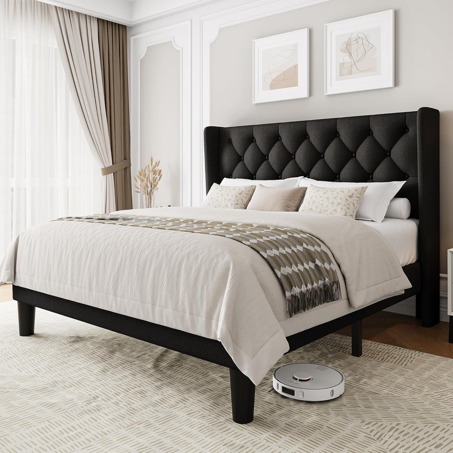 Full Size Upholstered Bed Frame with Wingback Headboard Design