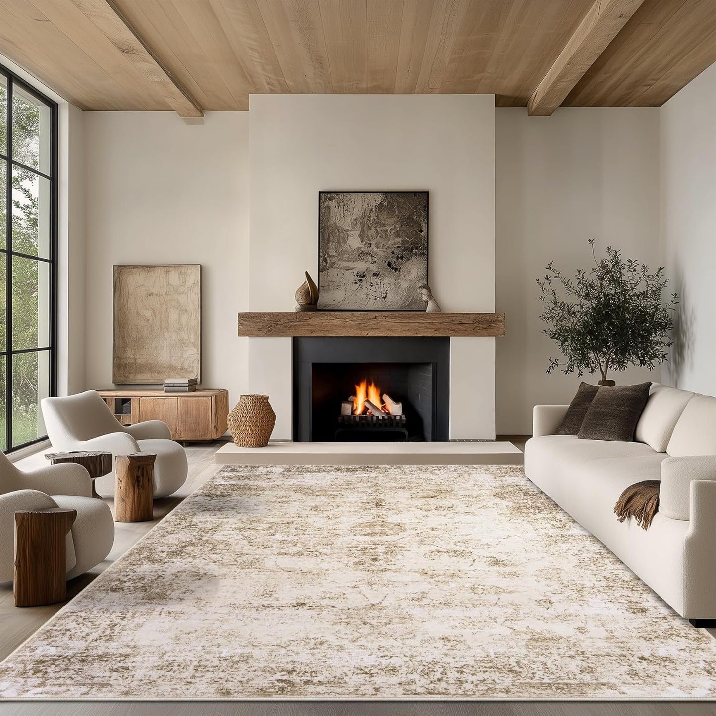 5x7 Area Rug for Living Room - Soft Vintage Abstract Design
