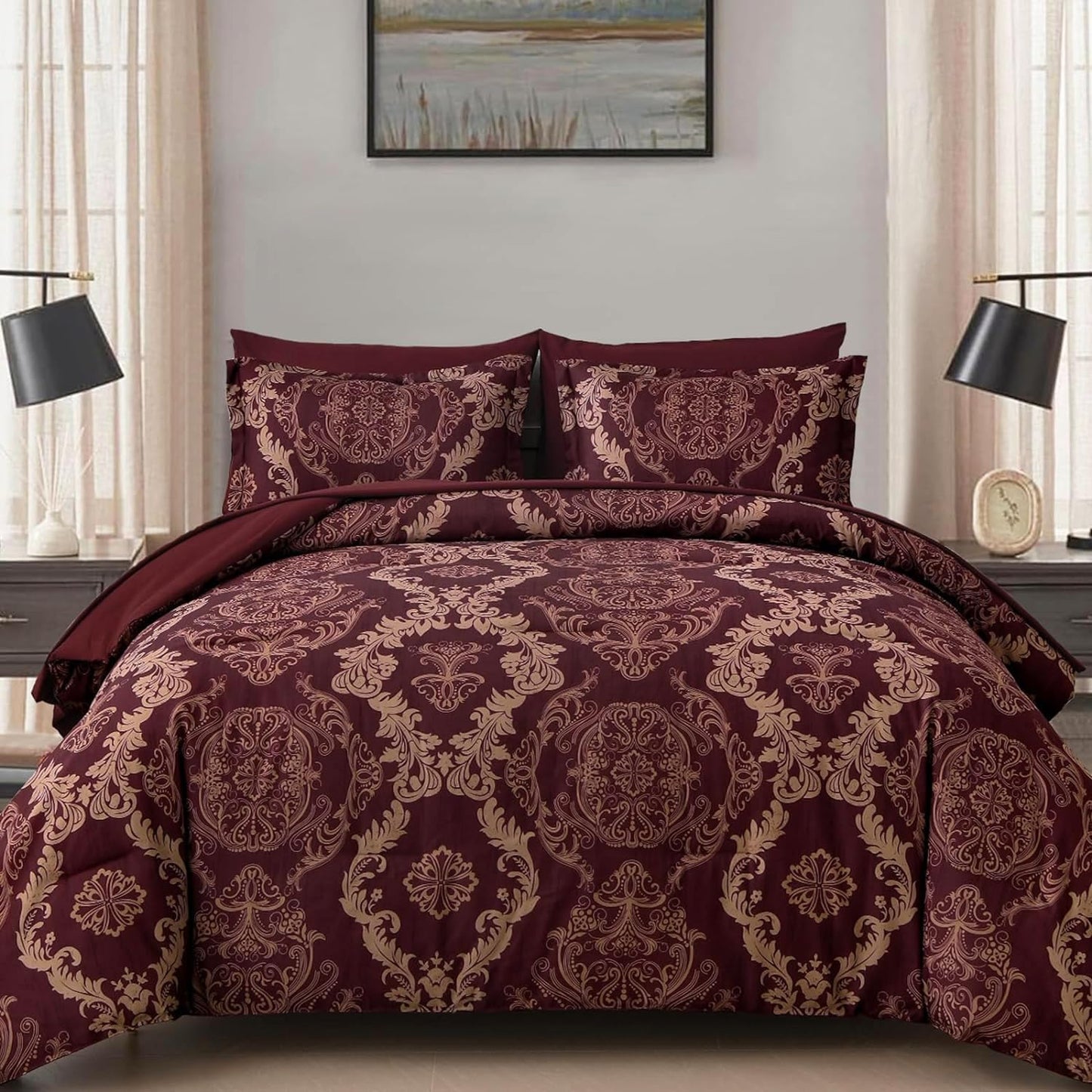 Burgundy Comforter Set Queen Size with Maroon Damask Texture