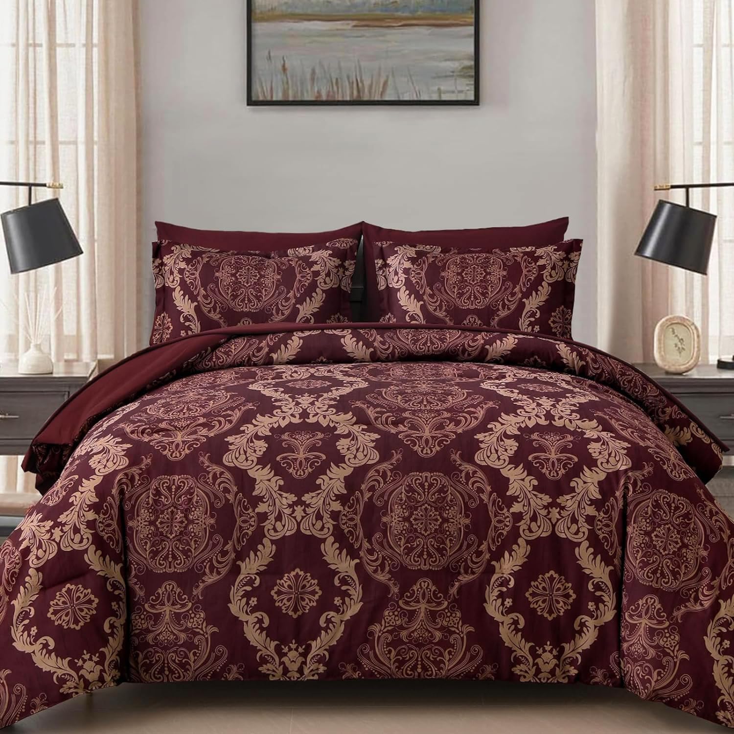 Burgundy Comforter Set Queen Size with Maroon Damask Texture