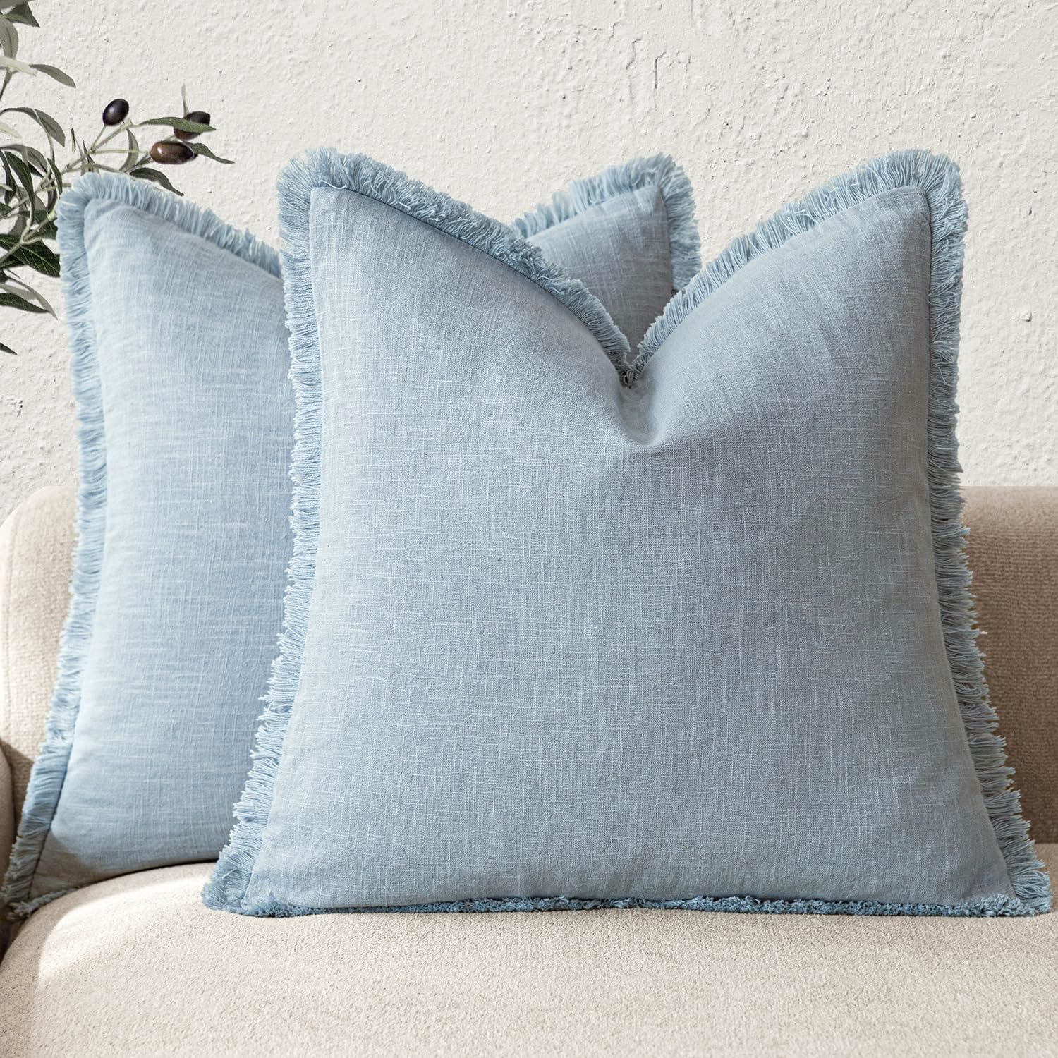 Boho Farmhouse Decorative Linen Fringe Throw Pillow Covers Set