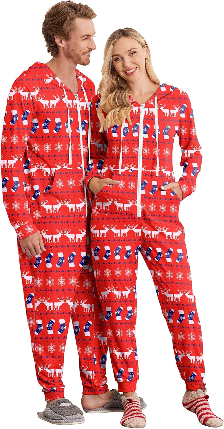 Ekouaer Christmas Onesie for Couples with Pockets and Zipper