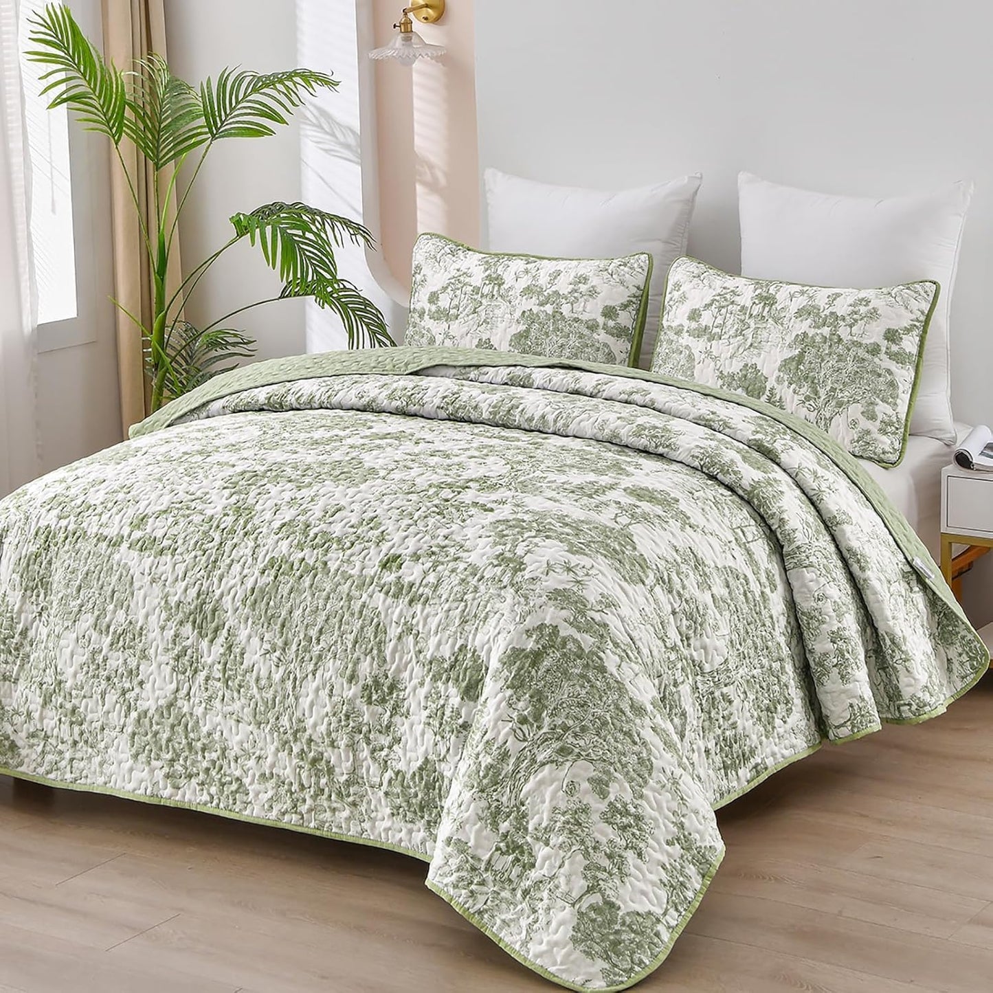 Botanical Quilt Set Queen Size - Sage Green 3 Pieces Bedding