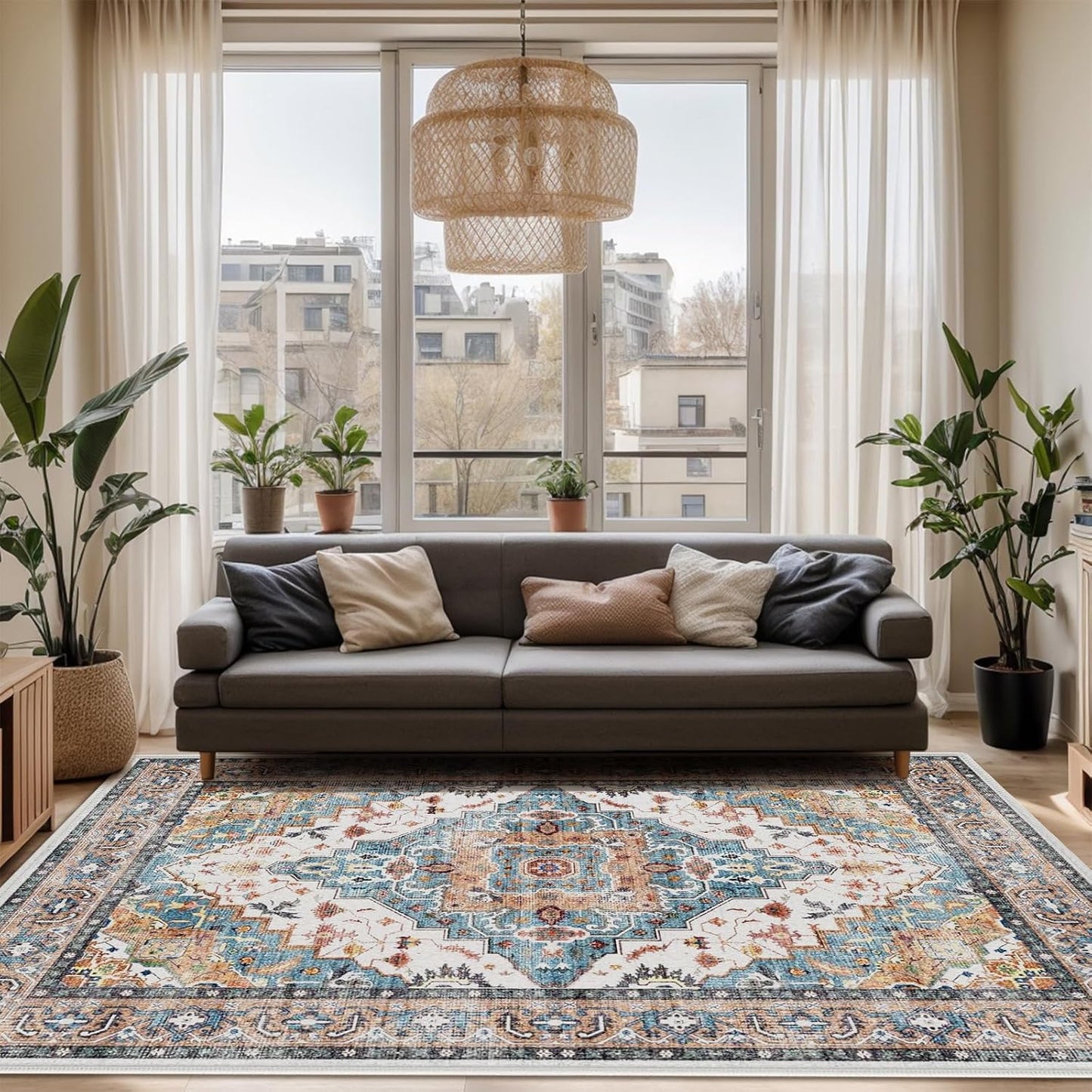 Boho Chic Washable Rug for Living Room - Non-Slip & Stylish!