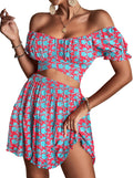 LYANER Womens Floral Off Shoulder Tie Up Crop Top and Mini Skirt Set